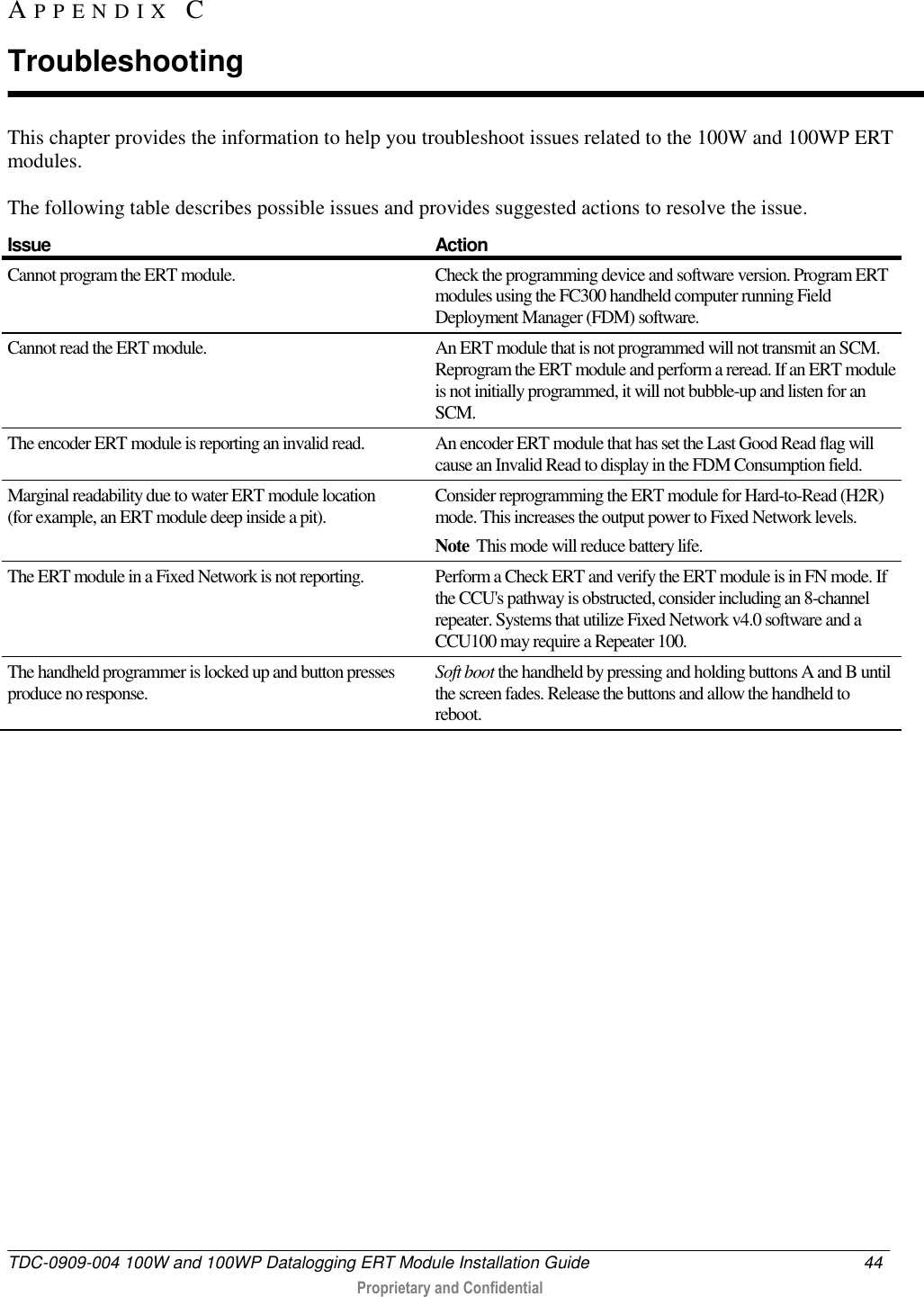  TDC-0909-004 100W and 100WP Datalogging ERT Module Installation Guide  44   Proprietary and Confidential     This chapter provides the information to help you troubleshoot issues related to the 100W and 100WP ERT modules.  The following table describes possible issues and provides suggested actions to resolve the issue. Issue  Action Cannot program the ERT module. Check the programming device and software version. Program ERT modules using the FC300 handheld computer running Field Deployment Manager (FDM) software. Cannot read the ERT module. An ERT module that is not programmed will not transmit an SCM. Reprogram the ERT module and perform a reread. If an ERT module is not initially programmed, it will not bubble-up and listen for an SCM. The encoder ERT module is reporting an invalid read. An encoder ERT module that has set the Last Good Read flag will cause an Invalid Read to display in the FDM Consumption field. Marginal readability due to water ERT module location  (for example, an ERT module deep inside a pit). Consider reprogramming the ERT module for Hard-to-Read (H2R) mode. This increases the output power to Fixed Network levels.  Note  This mode will reduce battery life.  The ERT module in a Fixed Network is not reporting. Perform a Check ERT and verify the ERT module is in FN mode. If the CCU&apos;s pathway is obstructed, consider including an 8-channel repeater. Systems that utilize Fixed Network v4.0 software and a CCU100 may require a Repeater 100. The handheld programmer is locked up and button presses produce no response. Soft boot the handheld by pressing and holding buttons A and B until the screen fades. Release the buttons and allow the handheld to reboot.   AP P E N D I X   C  Troubleshooting 