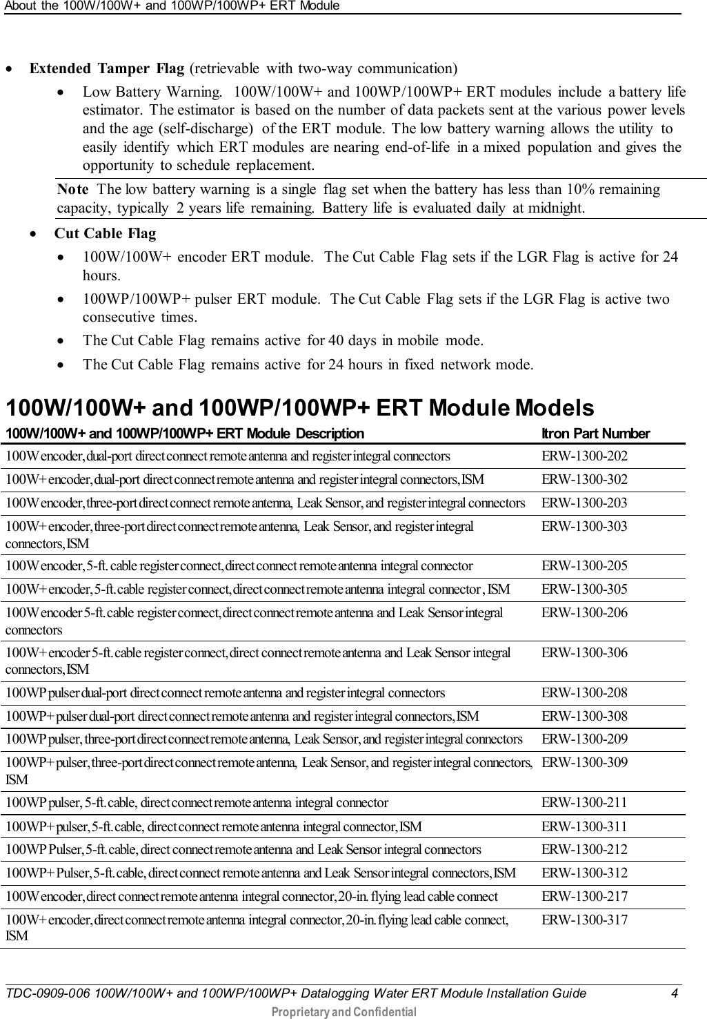 About the 100W/100W+ and 100WP/100WP+ ERT Module   TDC-0909-006 100W/100W+ and 100WP/100WP+ Datalogging Water ERT Module Installation Guide  4  Proprietary and Confidential    • Extended Tamper Flag (retrievable  with two-way communication)   • Low Battery Warning.  100W/100W+ and 100WP/100WP+ ERT modules  include  a battery  life estimator. The estimator  is based on the number of data packets sent at the various  power levels and the age (self-discharge)  of the ERT module. The low battery warning  allows the utility  to easily identify  which ERT modules  are nearing  end-of-life  in a mixed  population  and gives the opportunity to schedule replacement. Note  The low battery warning  is a single  flag  set when the battery has less than 10% remaining capacity, typically  2 years life remaining.  Battery life is evaluated daily  at midnight. • Cut Cable Flag • 100W/100W+  encoder ERT module.  The Cut Cable Flag sets if the LGR Flag  is active for 24 hours.  • 100WP/100WP+ pulser ERT module.  The Cut Cable  Flag sets if the LGR Flag is active two consecutive times. • The Cut Cable Flag remains active for 40 days in mobile mode. • The Cut Cable Flag remains active for 24 hours in fixed  network mode.  100W/100W+ and 100WP/100WP+ ERT Module Models 100W/100W+ and 100WP/100WP+ ERT Module  Description  Itron Part Number 100W encoder, dual-port  direct connect remote antenna  and  register integral connectors ERW-1300-202 100W+ encoder, dual-port  direct connect remote antenna  and  register integral connectors, ISM ERW-1300-302 100W encoder, three-port direct connect remote antenna,  Leak  Sensor, and  register integral connectors ERW-1300-203 100W+ encoder, three-port direct connect remote antenna,  Leak  Sensor, and  register integral connectors, ISM ERW-1300-303 100W encoder, 5-ft. cable register connect, direct connect remote antenna  integral connector  ERW-1300-205 100W+ encoder, 5-ft. cable  register connect, direct connect remote antenna  integral  connector , ISM ERW-1300-305 100W encoder 5-ft. cable  register connect, direct connect remote antenna  and  Leak  Sensor integral connectors  ERW-1300-206 100W+ encoder 5-ft. cable register connect, direct connect remote antenna  and  Leak  Sensor integral connectors, ISM ERW-1300-306 100WP pulser dual-port  direct connect remote antenna  and  register integral  connectors ERW-1300-208 100WP+ pulser dual-port  direct connect remote antenna  and  register integral connectors, ISM ERW-1300-308 100WP pulser, three-port direct connect remote antenna, Leak Sensor, and register integral connectors  ERW-1300-209 100WP+ pulser, three-port direct connect remote antenna,  Leak  Sensor, and  register integral connectors, ISM ERW-1300-309 100WP pulser, 5-ft. cable,  direct connect remote antenna  integral  connector ERW-1300-211 100WP+ pulser, 5-ft. cable,  direct connect remote antenna  integral connector, ISM ERW-1300-311 100WP Pulser, 5-ft. cable, direct connect remote antenna  and Leak Sensor integral connectors ERW-1300-212 100WP+ Pulser, 5-ft. cable, direct connect remote antenna  and  Leak  Sensor integral  connectors, ISM ERW-1300-312 100W encoder, direct connect remote antenna  integral connector, 20-in. flying lead cable connect ERW-1300-217 100W+ encoder, direct connect remote antenna  integral  connector, 20-in. flying lead cable connect, ISM ERW-1300-317 