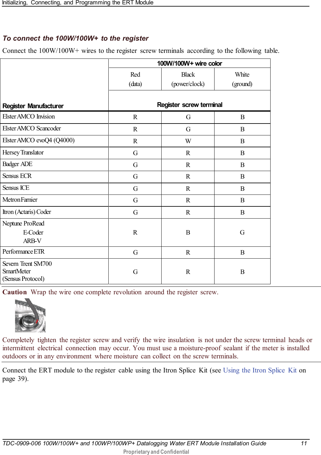 Initializing,  Connecting, and Programming the ERT Module   TDC-0909-006 100W/100W+ and 100WP/100WP+ Datalogging Water ERT Module Installation Guide 11   Proprietary and Confidential     To connect the 100W/100W+ to the register Connect the 100W/100W+ wires to the register  screw terminals  according  to the following  table.      Register Manufacturer 100W/100W+ wire color Red  (data) Black  (power/clock) White  (ground)  Register screw terminal Elster AMCO  Invision R  G   B Elster AMCO  Scancoder R  G   B Elster AMCO  evoQ4  (Q4000) R  W  B Hersey Translator G  R  B Badger ADE G  R  B Sensus ECR G  R  B Sensus ICE G  R  B Metron Farnier G  R  B Itron (Actaris) Coder G  R  B Neptune ProRead                 E-Coder                 ARB-V R  B  G Performance ETR G  R  B Severn Trent SM700 SmartMeter (Sensus Protocol)  G  R  B Caution  Wrap the wire one complete revolution  around the register screw.   Completely tighten the register screw and verify  the wire insulation  is not under the screw terminal  heads or intermittent  electrical  connection may occur. You must use a moisture-proof  sealant if the meter is installed outdoors or in any environment  where moisture  can collect  on the screw terminals.   Connect the ERT module to the register  cable using  the Itron Splice  Kit (see Using  the Itron Splice  Kit on page 39).    