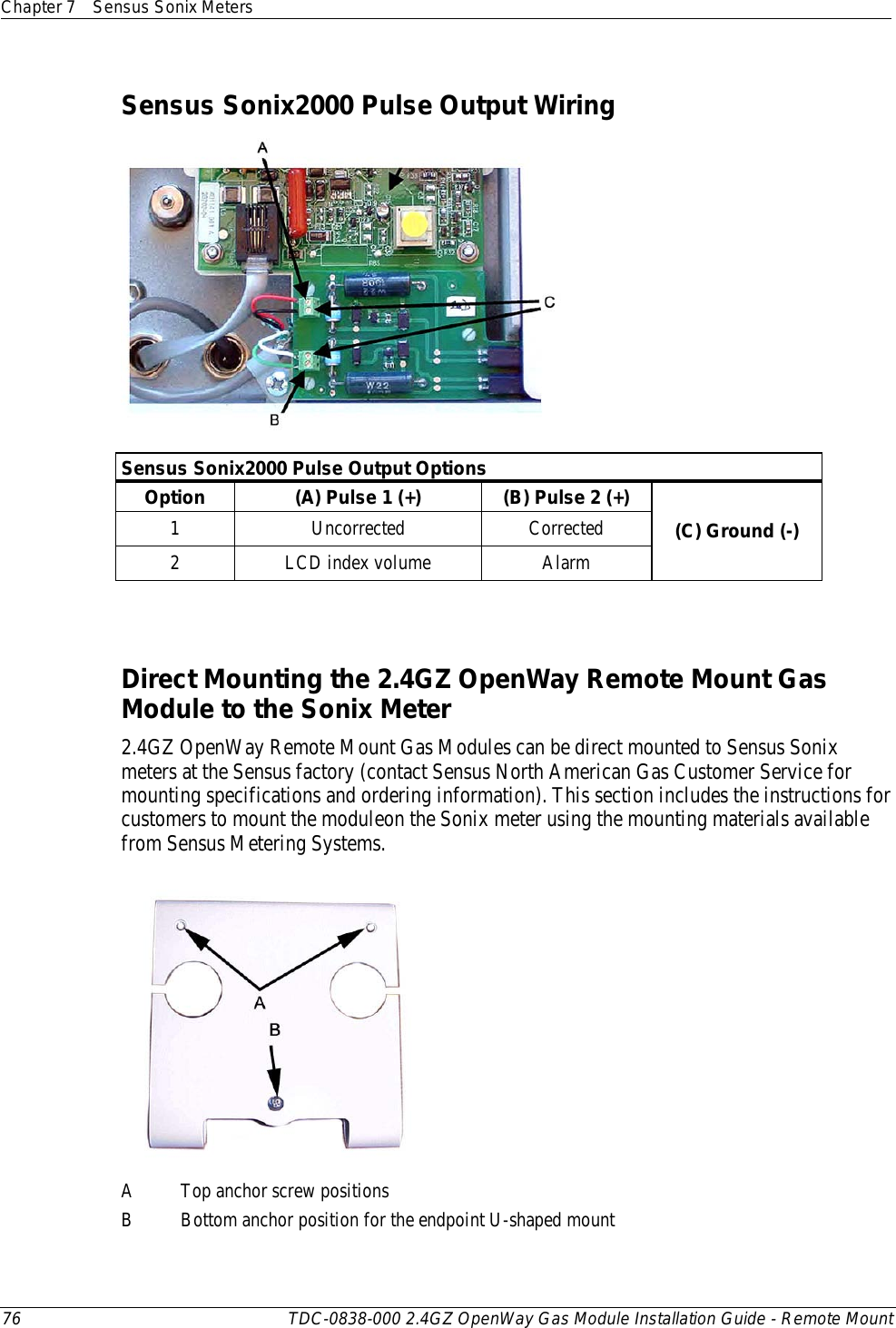 Chapter 7 Sensus Sonix Meters  76 TDC-0838-000 2.4GZ OpenWay Gas Module Installation Guide - Remote Mount  Sensus Sonix2000 Pulse Output Wiring  Sensus Sonix2000 Pulse Output Options Option (A) Pulse 1 (+) (B) Pulse 2 (+)  (C) Ground (-)  1  Uncorrected Corrected 2  LCD index volume Alarm   Direct Mounting the 2.4GZ OpenWay Remote Mount Gas Module to the Sonix Meter 2.4GZ OpenWay Remote Mount Gas Modules can be direct mounted to Sensus Sonix meters at the Sensus factory (contact Sensus North American Gas Customer Service for mounting specifications and ordering information). This section includes the instructions for customers to mount the moduleon the Sonix meter using the mounting materials available from Sensus Metering Systems.  A  Top anchor screw positions B  Bottom anchor position for the endpoint U-shaped mount 