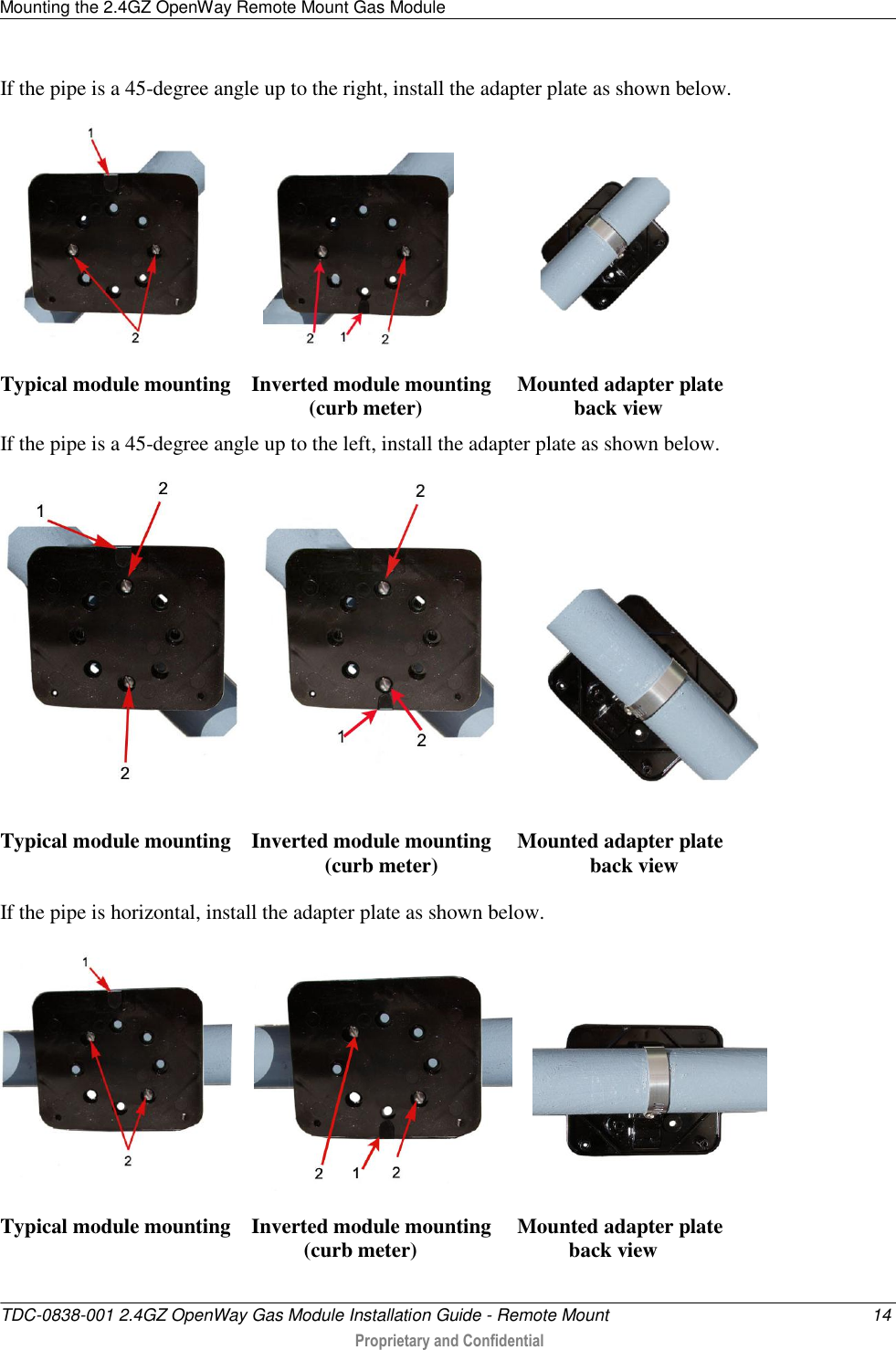 Mounting the 2.4GZ OpenWay Remote Mount Gas Module   TDC-0838-001 2.4GZ OpenWay Gas Module Installation Guide - Remote Mount  14  Proprietary and Confidential    If the pipe is a 45-degree angle up to the right, install the adapter plate as shown below.                       Typical module mounting    Inverted module mounting     Mounted adapter plate                                                                     (curb meter)                             back view If the pipe is a 45-degree angle up to the left, install the adapter plate as shown below.                 Typical module mounting    Inverted module mounting     Mounted adapter plate                                                                (curb meter)                             back view If the pipe is horizontal, install the adapter plate as shown below.            Typical module mounting    Inverted module mounting     Mounted adapter plate                                                             (curb meter)                             back view  