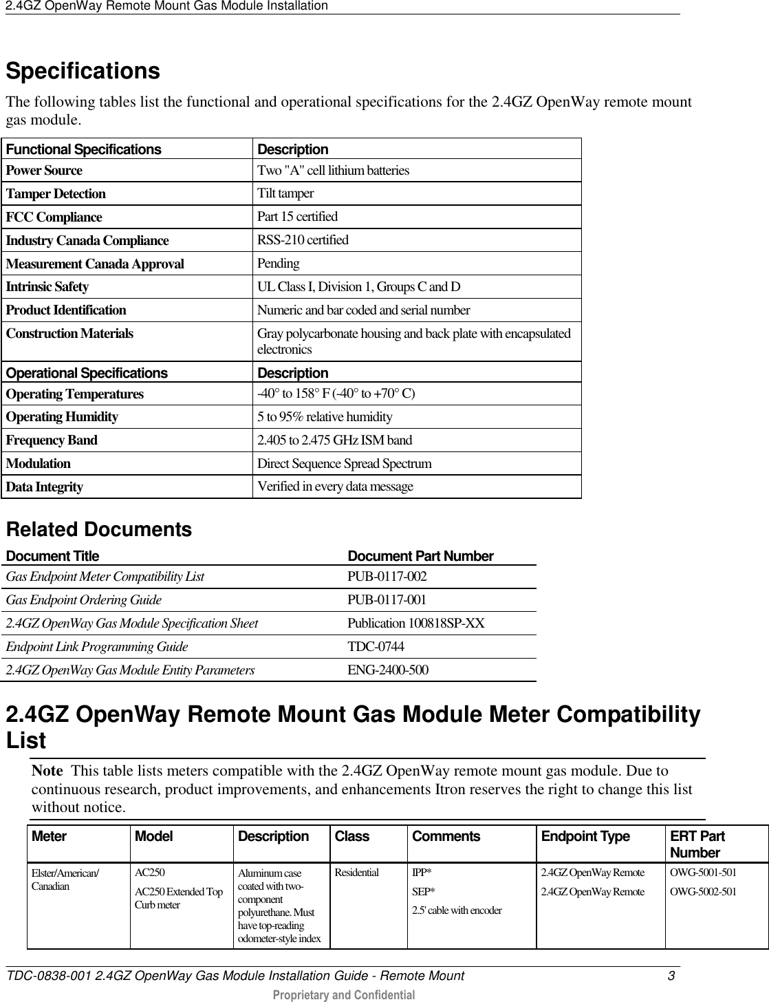 2.4GZ OpenWay Remote Mount Gas Module Installation   TDC-0838-001 2.4GZ OpenWay Gas Module Installation Guide - Remote Mount  3   Proprietary and Confidential     Specifications The following tables list the functional and operational specifications for the 2.4GZ OpenWay remote mount gas module.  Functional Specifications Description Power Source Two &quot;A&quot; cell lithium batteries Tamper Detection Tilt tamper FCC Compliance Part 15 certified Industry Canada Compliance RSS-210 certified Measurement Canada Approval Pending Intrinsic Safety UL Class I, Division 1, Groups C and D Product Identification Numeric and bar coded and serial number Construction Materials Gray polycarbonate housing and back plate with encapsulated electronics Operational Specifications Description Operating Temperatures -40° to 158° F (-40° to +70° C) Operating Humidity 5 to 95% relative humidity Frequency Band 2.405 to 2.475 GHz ISM band Modulation Direct Sequence Spread Spectrum Data Integrity Verified in every data message  Related Documents Document Title Document Part Number Gas Endpoint Meter Compatibility List PUB-0117-002 Gas Endpoint Ordering Guide PUB-0117-001 2.4GZ OpenWay Gas Module Specification Sheet Publication 100818SP-XX Endpoint Link Programming Guide TDC-0744 2.4GZ OpenWay Gas Module Entity Parameters ENG-2400-500  2.4GZ OpenWay Remote Mount Gas Module Meter Compatibility List Note  This table lists meters compatible with the 2.4GZ OpenWay remote mount gas module. Due to continuous research, product improvements, and enhancements Itron reserves the right to change this list without notice. Meter Model Description Class Comments Endpoint Type ERT Part Number Elster/American/ Canadian AC250 AC250 Extended Top Curb meter Aluminum case coated with two-component polyurethane. Must have top-reading odometer-style index  Residential IPP* SEP* 2.5&apos; cable with encoder  2.4GZ OpenWay Remote 2.4GZ OpenWay Remote OWG-5001-501 OWG-5002-501 