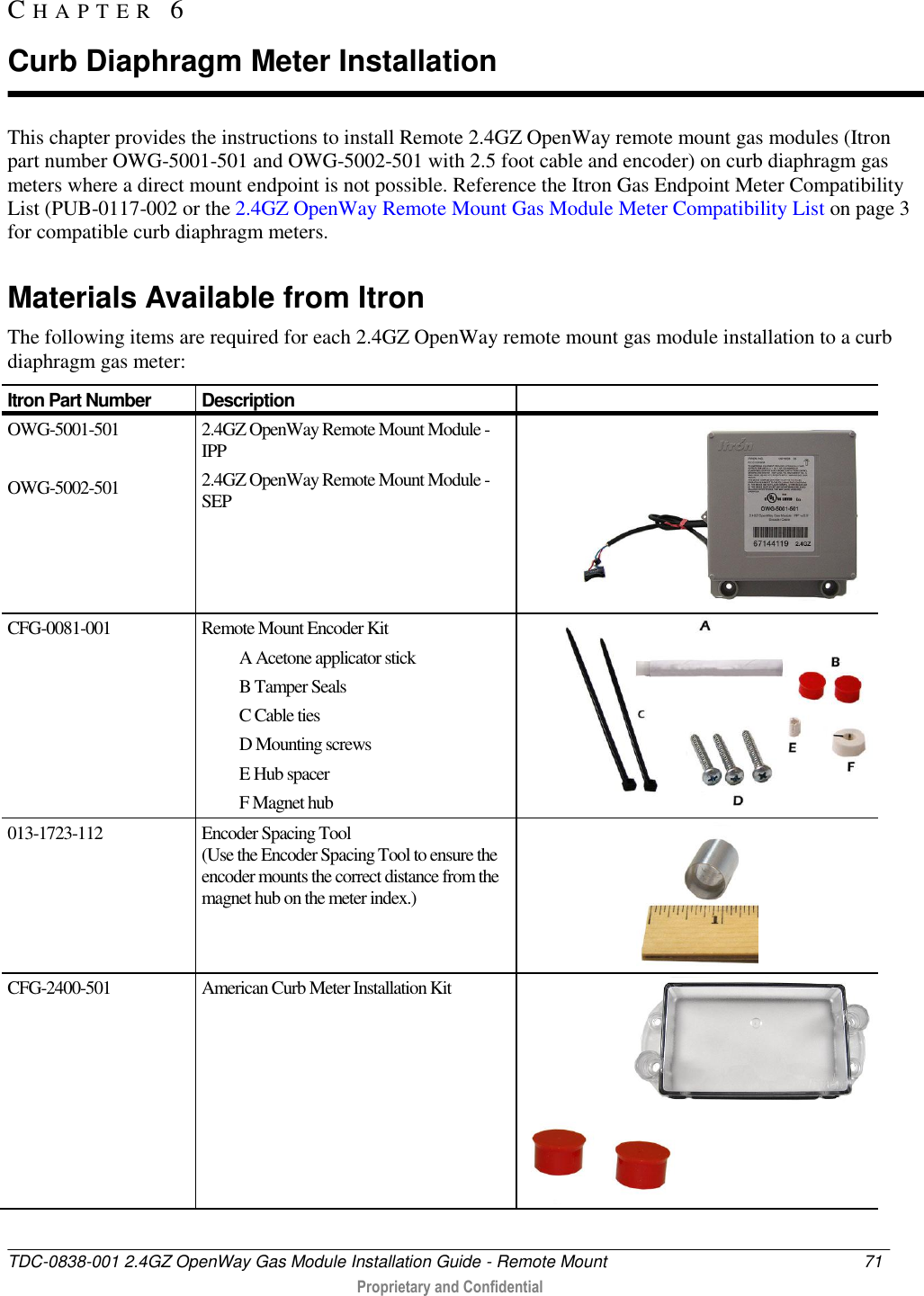  TDC-0838-001 2.4GZ OpenWay Gas Module Installation Guide - Remote Mount  71   Proprietary and Confidential     This chapter provides the instructions to install Remote 2.4GZ OpenWay remote mount gas modules (Itron part number OWG-5001-501 and OWG-5002-501 with 2.5 foot cable and encoder) on curb diaphragm gas meters where a direct mount endpoint is not possible. Reference the Itron Gas Endpoint Meter Compatibility List (PUB-0117-002 or the 2.4GZ OpenWay Remote Mount Gas Module Meter Compatibility List on page 3 for compatible curb diaphragm meters.   Materials Available from Itron The following items are required for each 2.4GZ OpenWay remote mount gas module installation to a curb diaphragm gas meter: Itron Part Number Description  OWG-5001-501  OWG-5002-501 2.4GZ OpenWay Remote Mount Module - IPP 2.4GZ OpenWay Remote Mount Module - SEP  CFG-0081-001 Remote Mount Encoder Kit A Acetone applicator stick B Tamper Seals C Cable ties D Mounting screws E Hub spacer F Magnet hub  013-1723-112 Encoder Spacing Tool (Use the Encoder Spacing Tool to ensure the encoder mounts the correct distance from the magnet hub on the meter index.)  CFG-2400-501 American Curb Meter Installation Kit     CH A P T E R   6  Curb Diaphragm Meter Installation 