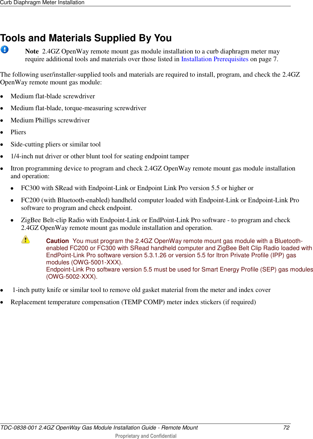 Curb Diaphragm Meter Installation   TDC-0838-001 2.4GZ OpenWay Gas Module Installation Guide - Remote Mount  72  Proprietary and Confidential    Tools and Materials Supplied By You  Note  2.4GZ OpenWay remote mount gas module installation to a curb diaphragm meter may require additional tools and materials over those listed in Installation Prerequisites on page 7. The following user/installer-supplied tools and materials are required to install, program, and check the 2.4GZ OpenWay remote mount gas module:  Medium flat-blade screwdriver   Medium flat-blade, torque-measuring screwdriver   Medium Phillips screwdriver   Pliers   Side-cutting pliers or similar tool   1/4-inch nut driver or other blunt tool for seating endpoint tamper   Itron programming device to program and check 2.4GZ OpenWay remote mount gas module installation and operation:  FC300 with SRead with Endpoint-Link or Endpoint Link Pro version 5.5 or higher or  FC200 (with Bluetooth-enabled) handheld computer loaded with Endpoint-Link or Endpoint-Link Pro software to program and check endpoint.   ZigBee Belt-clip Radio with Endpoint-Link or EndPoint-Link Pro software - to program and check 2.4GZ OpenWay remote mount gas module installation and operation.  Caution  You must program the 2.4GZ OpenWay remote mount gas module with a Bluetooth-enabled FC200 or FC300 with SRead handheld computer and ZigBee Belt Clip Radio loaded with EndPoint-Link Pro software version 5.3.1.26 or version 5.5 for Itron Private Profile (IPP) gas modules (OWG-5001-XXX).  Endpoint-Link Pro software version 5.5 must be used for Smart Energy Profile (SEP) gas modules (OWG-5002-XXX).   1-inch putty knife or similar tool to remove old gasket material from the meter and index cover  Replacement temperature compensation (TEMP COMP) meter index stickers (if required)  