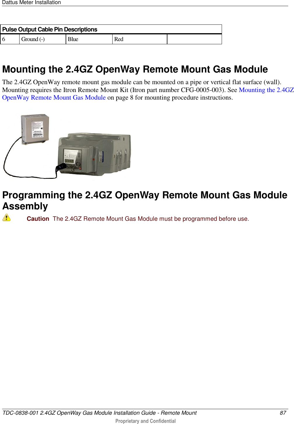 Dattus Meter Installation   TDC-0838-001 2.4GZ OpenWay Gas Module Installation Guide - Remote Mount  87   Proprietary and Confidential     Pulse Output Cable Pin Descriptions 6 Ground (-) Blue  Red    Mounting the 2.4GZ OpenWay Remote Mount Gas Module The 2.4GZ OpenWay remote mount gas module can be mounted on a pipe or vertical flat surface (wall). Mounting requires the Itron Remote Mount Kit (Itron part number CFG-0005-003). See Mounting the 2.4GZ OpenWay Remote Mount Gas Module on page 8 for mounting procedure instructions.   Programming the 2.4GZ OpenWay Remote Mount Gas Module Assembly  Caution  The 2.4GZ Remote Mount Gas Module must be programmed before use.  