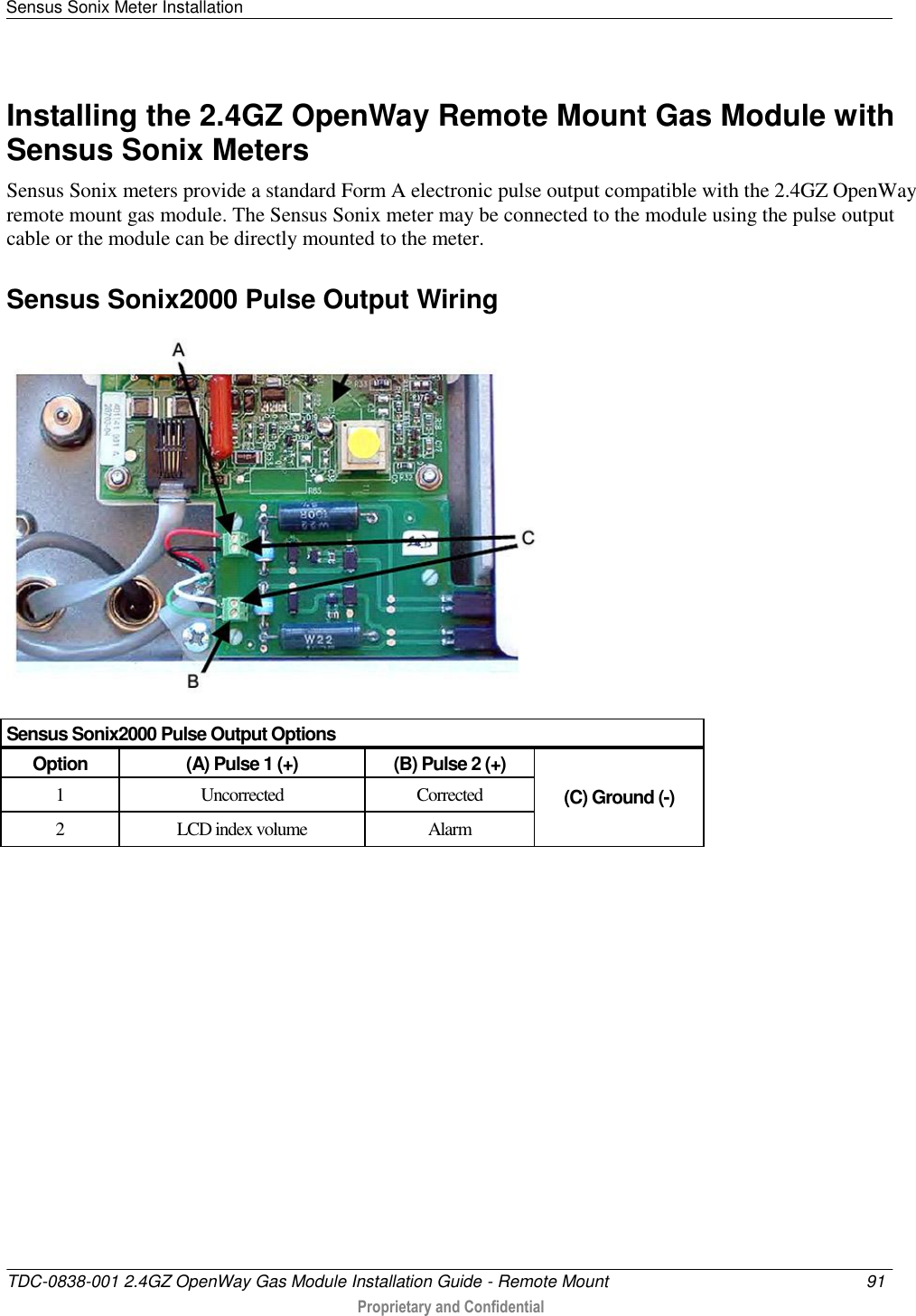 Sensus Sonix Meter Installation   TDC-0838-001 2.4GZ OpenWay Gas Module Installation Guide - Remote Mount  91   Proprietary and Confidential     Installing the 2.4GZ OpenWay Remote Mount Gas Module with Sensus Sonix Meters Sensus Sonix meters provide a standard Form A electronic pulse output compatible with the 2.4GZ OpenWay remote mount gas module. The Sensus Sonix meter may be connected to the module using the pulse output cable or the module can be directly mounted to the meter.  Sensus Sonix2000 Pulse Output Wiring  Sensus Sonix2000 Pulse Output Options Option (A) Pulse 1 (+) (B) Pulse 2 (+)  (C) Ground (-)  1  Uncorrected Corrected 2 LCD index volume Alarm   