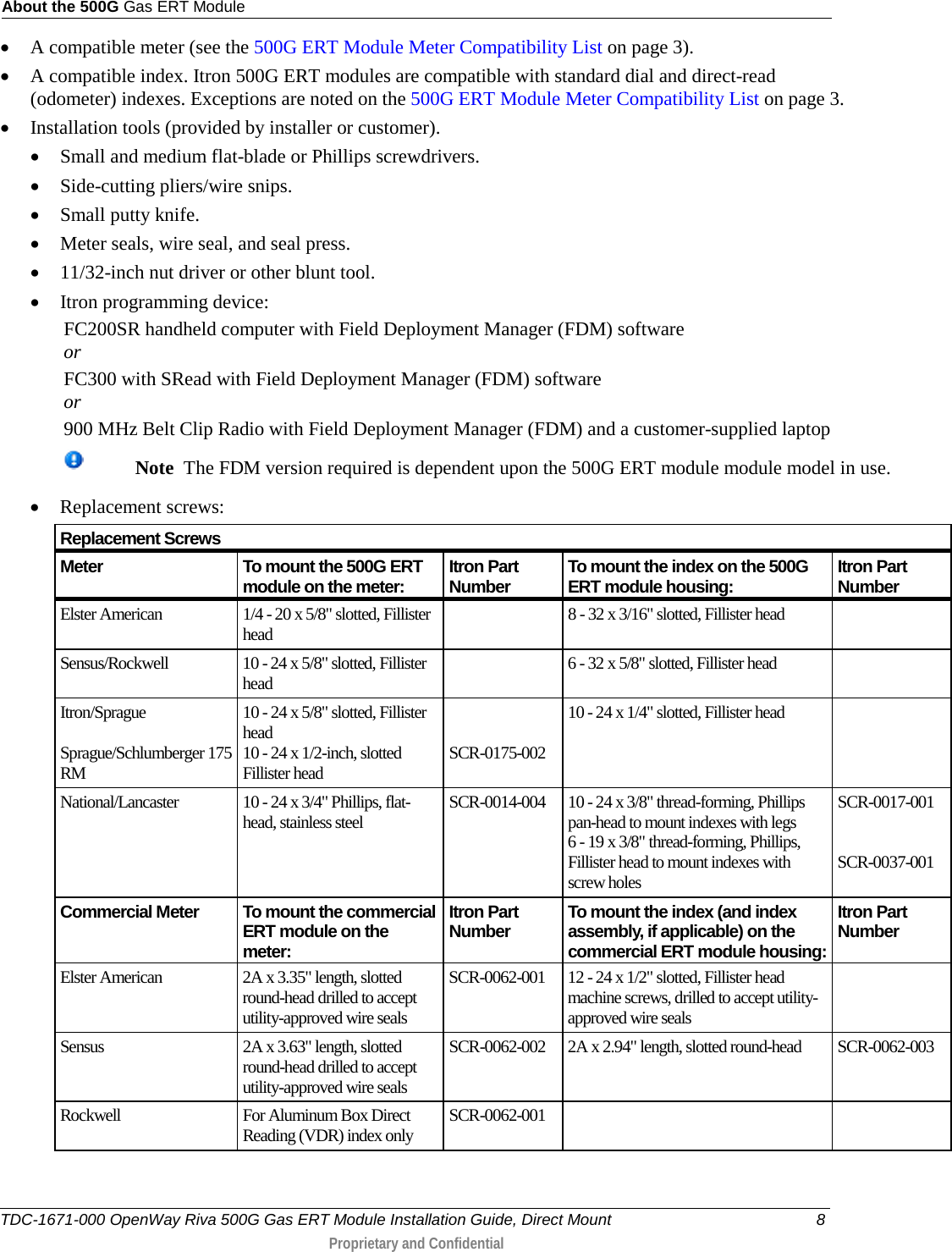 About the 500G Gas ERT Module  • A compatible meter (see the 500G ERT Module Meter Compatibility List on page 3). • A compatible index. Itron 500G ERT modules are compatible with standard dial and direct-read (odometer) indexes. Exceptions are noted on the 500G ERT Module Meter Compatibility List on page 3. • Installation tools (provided by installer or customer). • Small and medium flat-blade or Phillips screwdrivers. • Side-cutting pliers/wire snips. • Small putty knife. • Meter seals, wire seal, and seal press. • 11/32-inch nut driver or other blunt tool.  • Itron programming device: FC200SR handheld computer with Field Deployment Manager (FDM) software  or FC300 with SRead with Field Deployment Manager (FDM) software or 900 MHz Belt Clip Radio with Field Deployment Manager (FDM) and a customer-supplied laptop   Note  The FDM version required is dependent upon the 500G ERT module module model in use. • Replacement screws:     Replacement Screws Meter To mount the 500G ERT module on the meter: Itron Part Number To mount the index on the 500G ERT module housing: Itron Part Number Elster American  1/4 - 20 x 5/8&quot; slotted, Fillister head  8 - 32 x 3/16&quot; slotted, Fillister head   Sensus/Rockwell  10 - 24 x 5/8&quot; slotted, Fillister head  6 - 32 x 5/8&quot; slotted, Fillister head   Itron/Sprague   Sprague/Schlumberger 175 RM  10 - 24 x 5/8&quot; slotted, Fillister head 10 - 24 x 1/2-inch, slotted Fillister head   SCR-0175-002 10 - 24 x 1/4&quot; slotted, Fillister head   National/Lancaster  10 - 24 x 3/4&quot; Phillips, flat-head, stainless steel  SCR-0014-004 10 - 24 x 3/8&quot; thread-forming, Phillips pan-head to mount indexes with legs 6 - 19 x 3/8&quot; thread-forming, Phillips, Fillister head to mount indexes with screw holes SCR-0017-001   SCR-0037-001 Commercial Meter To mount the commercial ERT module on the meter: Itron Part Number To mount the index (and index assembly, if applicable) on the commercial ERT module housing: Itron Part Number Elster American 2A x 3.35&quot; length, slotted round-head drilled to accept utility-approved wire seals SCR-0062-001   12 - 24 x 1/2&quot; slotted, Fillister head machine screws, drilled to accept utility-approved wire seals  Sensus 2A x 3.63&quot; length, slotted round-head drilled to accept utility-approved wire seals SCR-0062-002  2A x 2.94&quot; length, slotted round-head SCR-0062-003 Rockwell For Aluminum Box Direct Reading (VDR) index only SCR-0062-001    TDC-1671-000 OpenWay Riva 500G Gas ERT Module Installation Guide, Direct Mount  8  Proprietary and Confidential    