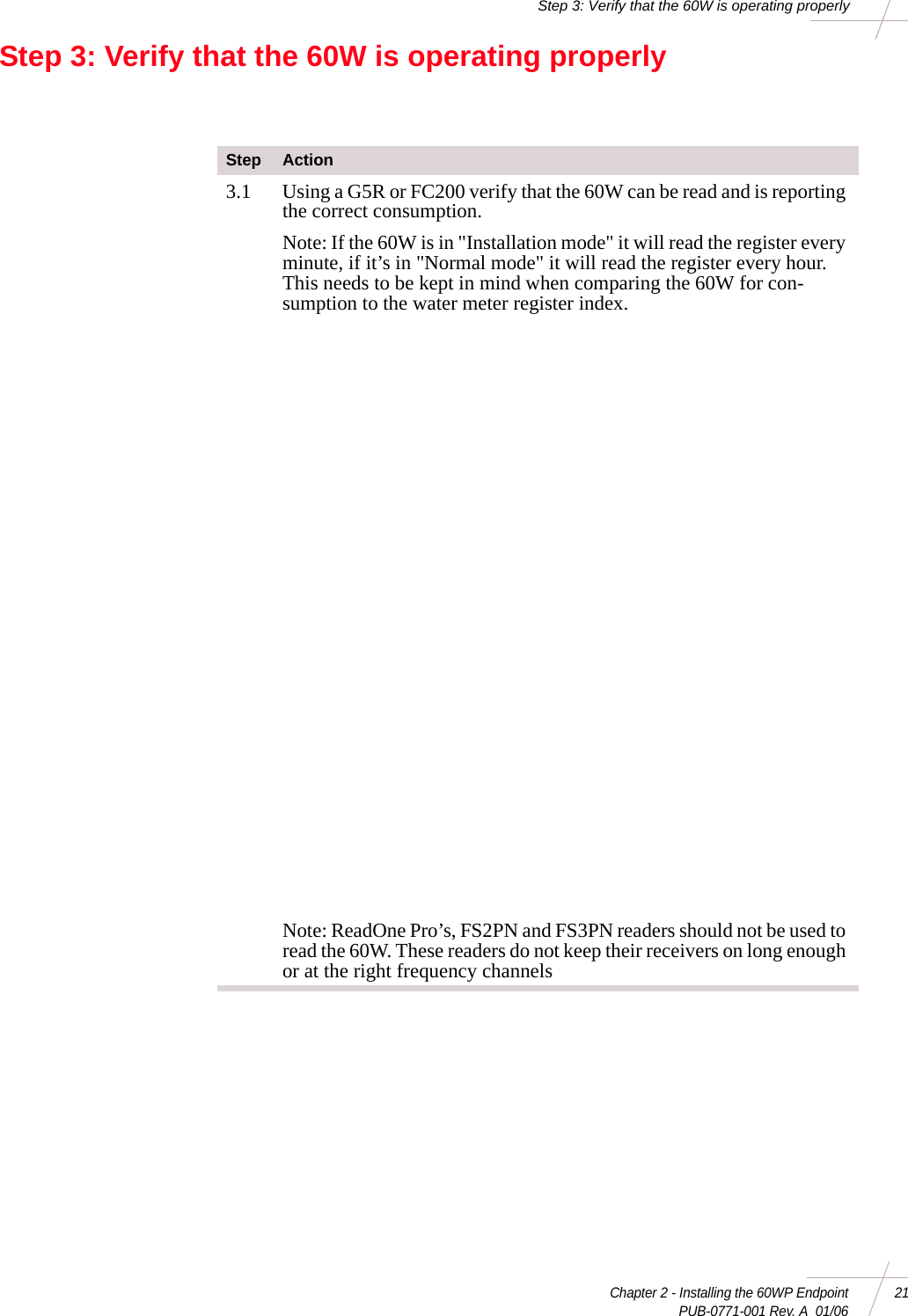 Chapter 2 - Installing the 60WP Endpoint 21 PUB-0771-001 Rev. A  01/06Step 3: Verify that the 60W is operating properlyStep 3: Verify that the 60W is operating properlyStep Action3.1 Using a G5R or FC200 verify that the 60W can be read and is reporting the correct consumption.Note: If the 60W is in &quot;Installation mode&quot; it will read the register every minute, if it’s in &quot;Normal mode&quot; it will read the register every hour. This needs to be kept in mind when comparing the 60W for con-sumption to the water meter register index. Note: ReadOne Pro’s, FS2PN and FS3PN readers should not be used to read the 60W. These readers do not keep their receivers on long enough or at the right frequency channels