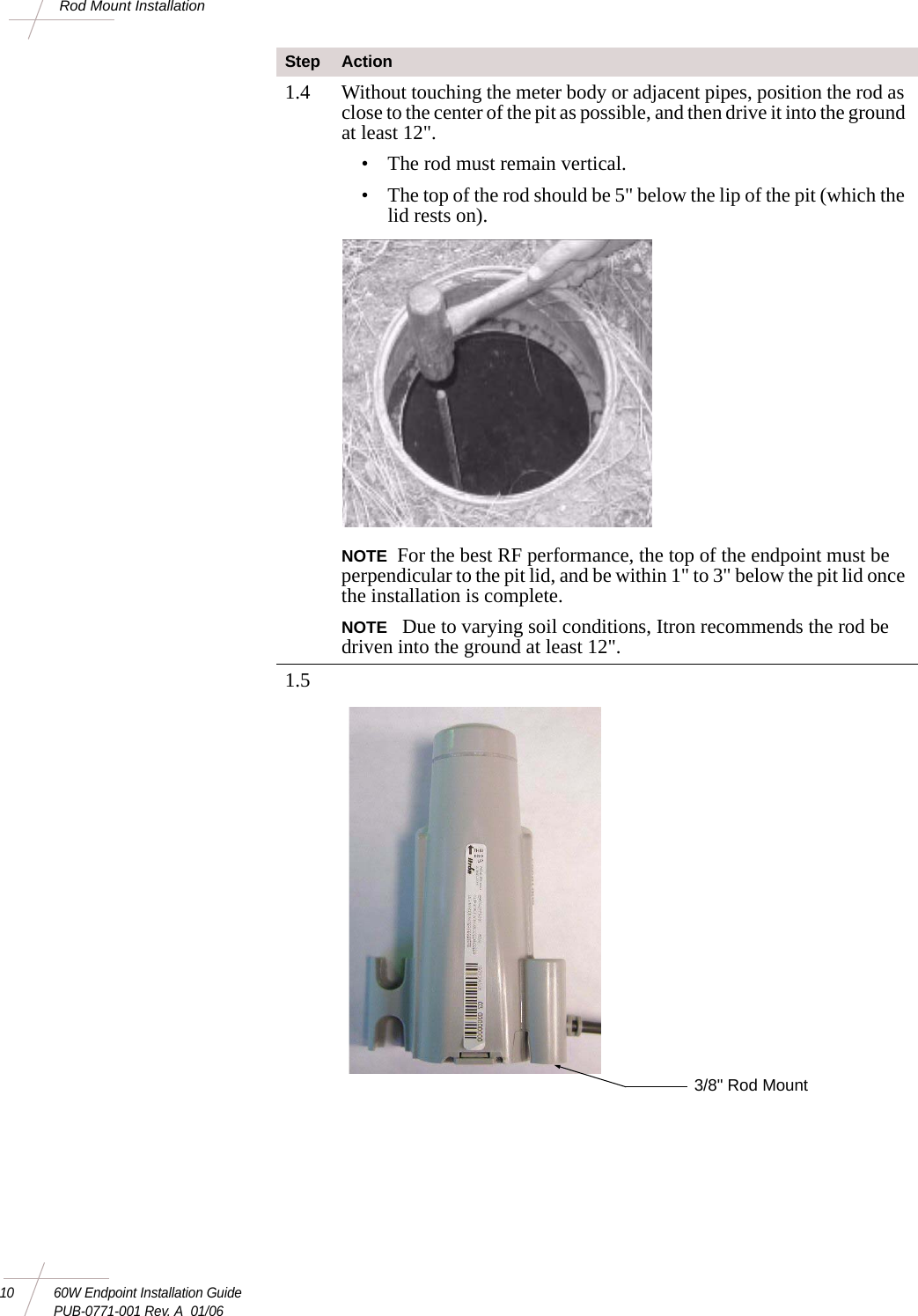 10 60W Endpoint Installation GuidePUB-0771-001 Rev. A  01/06Rod Mount Installation1.4 Without touching the meter body or adjacent pipes, position the rod as close to the center of the pit as possible, and then drive it into the ground at least 12&quot;. • The rod must remain vertical.• The top of the rod should be 5&quot; below the lip of the pit (which the lid rests on). NOTE For the best RF performance, the top of the endpoint must be perpendicular to the pit lid, and be within 1&quot; to 3&quot; below the pit lid once the installation is complete. NOTE  Due to varying soil conditions, Itron recommends the rod be driven into the ground at least 12&quot;. 1.5Step Action3/8&quot; Rod Mount