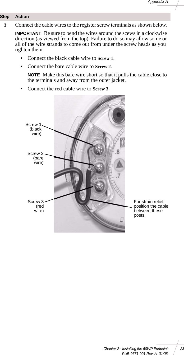 Chapter 2 - Installing the 60WP Endpoint 23 PUB-0771-001 Rev. A  01/06Appendix A3Connect the cable wires to the register screw terminals as shown below. IMPORTANT Be sure to bend the wires around the scews in a clockwise direction (as viewed from the top). Failure to do so may allow some or all of the wire strands to come out from under the screw heads as you tighten them. • Connect the black cable wire to Screw 1. • Connect the bare cable wire to Screw 2.NOTE Make this bare wire short so that it pulls the cable close to the terminals and away from the outer jacket. • Connect the red cable wire to Screw 3. Step ActionScrew 1(blackwire)Screw 2(barewire)Screw 3(redwire)For strain relief, position the cable between these posts. 