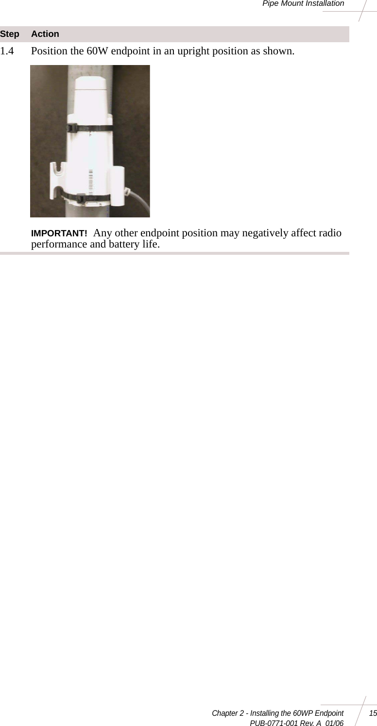 Chapter 2 - Installing the 60WP Endpoint 15 PUB-0771-001 Rev. A  01/06Pipe Mount Installation1.4 Position the 60W endpoint in an upright position as shown.  IMPORTANT! Any other endpoint position may negatively affect radio performance and battery life.Step Action