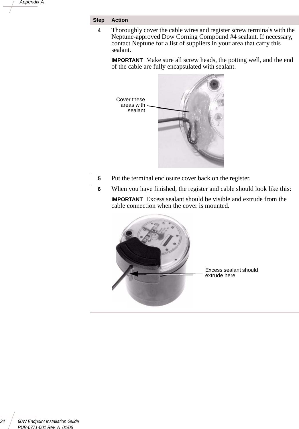 24 60W Endpoint Installation GuidePUB-0771-001 Rev. A  01/06Appendix A4Thoroughly cover the cable wires and register screw terminals with the Neptune-approved Dow Corning Compound #4 sealant. If necessary, contact Neptune for a list of suppliers in your area that carry this sealant. IMPORTANT Make sure all screw heads, the potting well, and the end of the cable are fully encapsulated with sealant. 5Put the terminal enclosure cover back on the register. 6When you have finished, the register and cable should look like this: IMPORTANT Excess sealant should be visible and extrude from the cable connection when the cover is mounted. Step ActionCover theseareas withsealantExcess sealant should extrude here