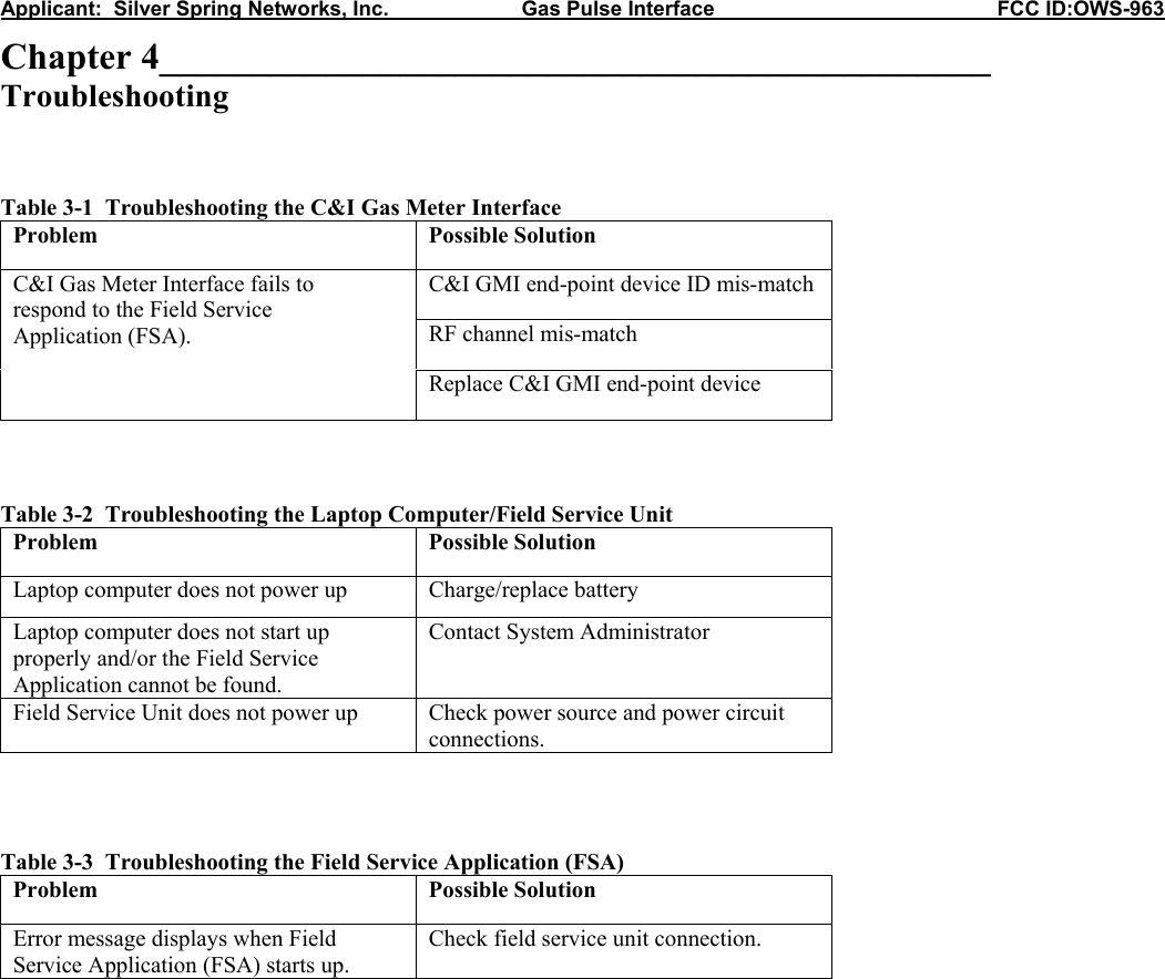 Applicant:  Silver Spring Networks, Inc.                       Gas Pulse Interface                                                 FCC ID:OWS-963 Chapter 4_____________________________________________ Troubleshooting    Table 3-1  Troubleshooting the C&amp;I Gas Meter Interface Problem Possible Solution C&amp;I GMI end-point device ID mis-match RF channel mis-match C&amp;I Gas Meter Interface fails to respond to the Field Service Application (FSA).   Replace C&amp;I GMI end-point device    Table 3-2  Troubleshooting the Laptop Computer/Field Service Unit Problem Possible Solution Laptop computer does not power up Charge/replace battery Laptop computer does not start up properly and/or the Field Service Application cannot be found. Contact System Administrator Field Service Unit does not power up  Check power source and power circuit connections.    Table 3-3  Troubleshooting the Field Service Application (FSA) Problem Possible Solution Error message displays when Field Service Application (FSA) starts up. Check field service unit connection.  