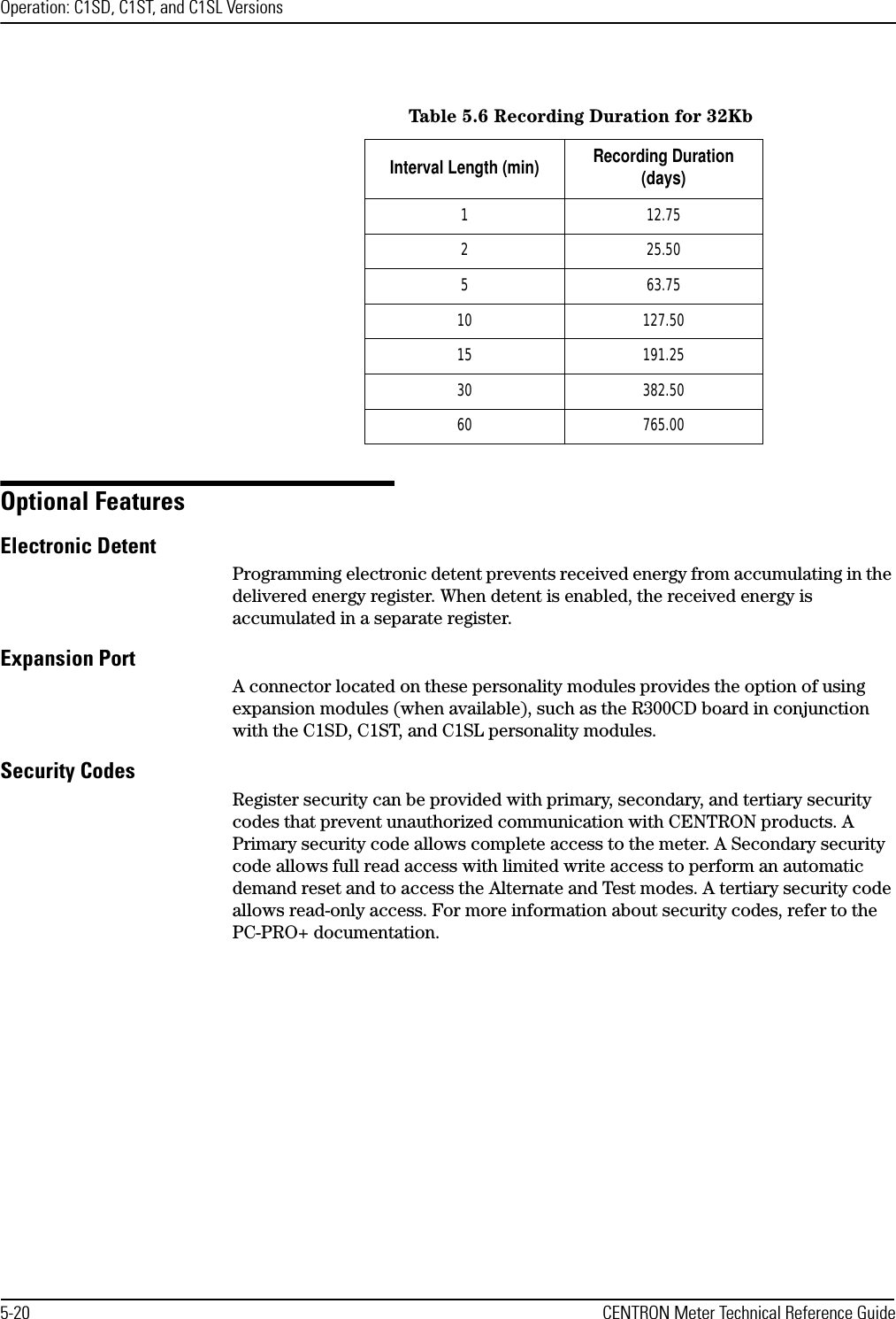 Operation: C1SD, C1ST, and C1SL Versions5-20 CENTRON Meter Technical Reference GuideOptional FeaturesElectronic DetentProgramming electronic detent prevents received energy from accumulating in the delivered energy register. When detent is enabled, the received energy is accumulated in a separate register.Expansion PortA connector located on these personality modules provides the option of using expansion modules (when available), such as the R300CD board in conjunction with the C1SD, C1ST, and C1SL personality modules.Security CodesRegister security can be provided with primary, secondary, and tertiary security codes that prevent unauthorized communication with CENTRON products. A Primary security code allows complete access to the meter. A Secondary security code allows full read access with limited write access to perform an automatic demand reset and to access the Alternate and Test modes. A tertiary security code allows read-only access. For more information about security codes, refer to the PC-PRO+ documentation.Table 5.6 Recording Duration for 32KbInterval Length (min) Recording Duration (days)1 12.752 25.505 63.7510 127.5015 191.2530 382.5060 765.00