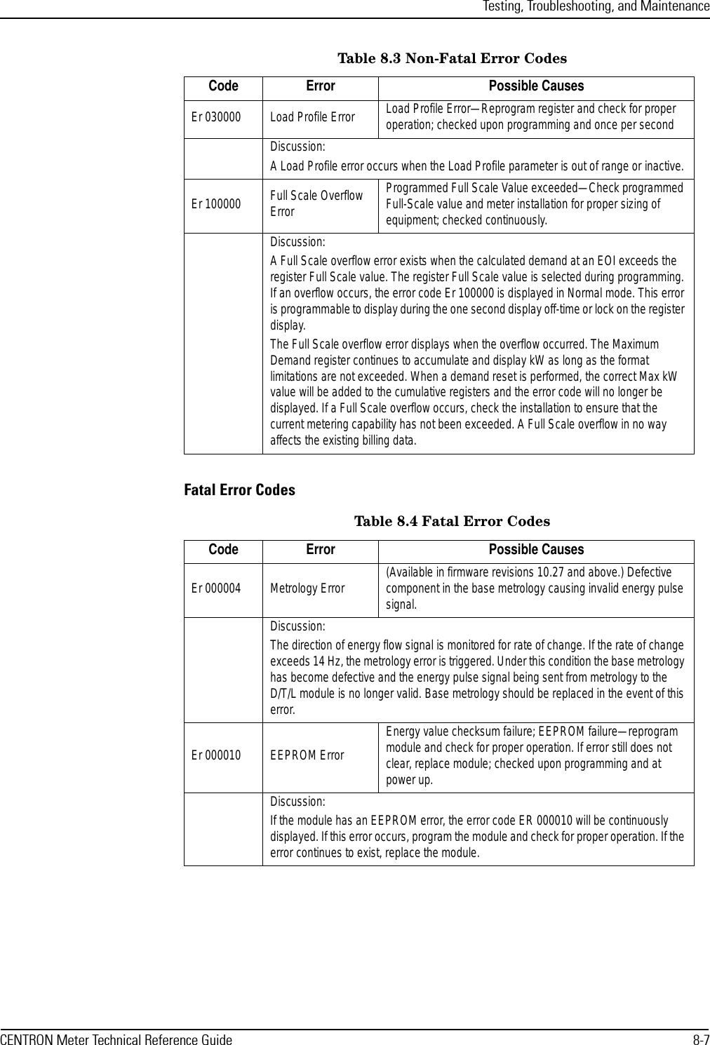 Testing, Troubleshooting, and MaintenanceCENTRON Meter Technical Reference Guide 8-7Fatal Error CodesEr 030000 Load Profile Error  Load Profile Error—Reprogram register and check for proper operation; checked upon programming and once per secondDiscussion:A Load Profile error occurs when the Load Profile parameter is out of range or inactive.Er 100000 Full Scale Overflow Error Programmed Full Scale Value exceeded—Check programmed Full-Scale value and meter installation for proper sizing of equipment; checked continuously.Discussion:A Full Scale overflow error exists when the calculated demand at an EOI exceeds the register Full Scale value. The register Full Scale value is selected during programming. If an overflow occurs, the error code Er 100000 is displayed in Normal mode. This error is programmable to display during the one second display off-time or lock on the register display.The Full Scale overflow error displays when the overflow occurred. The Maximum Demand register continues to accumulate and display kW as long as the format limitations are not exceeded. When a demand reset is performed, the correct Max kW value will be added to the cumulative registers and the error code will no longer be displayed. If a Full Scale overflow occurs, check the installation to ensure that the current metering capability has not been exceeded. A Full Scale overflow in no way affects the existing billing data.Table 8.4 Fatal Error CodesCode Error Possible CausesEr 000004 Metrology Error (Available in firmware revisions 10.27 and above.) Defective component in the base metrology causing invalid energy pulse signal.Discussion:The direction of energy flow signal is monitored for rate of change. If the rate of change exceeds 14 Hz, the metrology error is triggered. Under this condition the base metrology has become defective and the energy pulse signal being sent from metrology to the D/T/L module is no longer valid. Base metrology should be replaced in the event of this error.Er 000010 EEPROM ErrorEnergy value checksum failure; EEPROM failure—reprogram module and check for proper operation. If error still does not clear, replace module; checked upon programming and at power up.Discussion:If the module has an EEPROM error, the error code ER 000010 will be continuously displayed. If this error occurs, program the module and check for proper operation. If the error continues to exist, replace the module. Table 8.3 Non-Fatal Error CodesCode Error Possible Causes