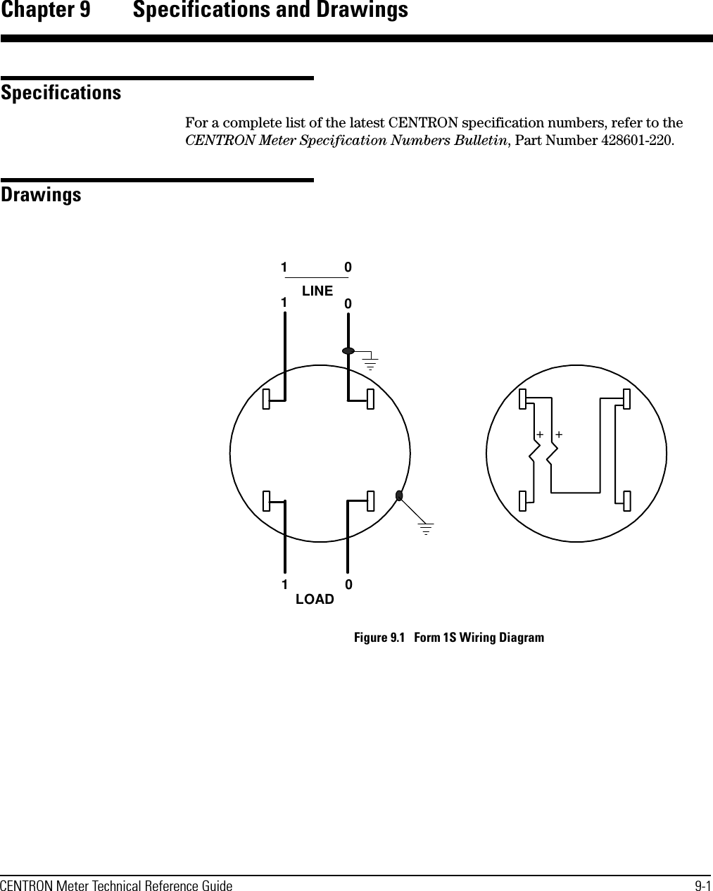 CENTRON Meter Technical Reference Guide 9-1Chapter 9 Specifications and DrawingsSpecificationsFor a complete list of the latest CENTRON specification numbers, refer to the CENTRON Meter Specification Numbers Bulletin, Part Number 428601-220.DrawingsFigure 9.1   Form 1S Wiring Diagram110010LINE++LOAD
