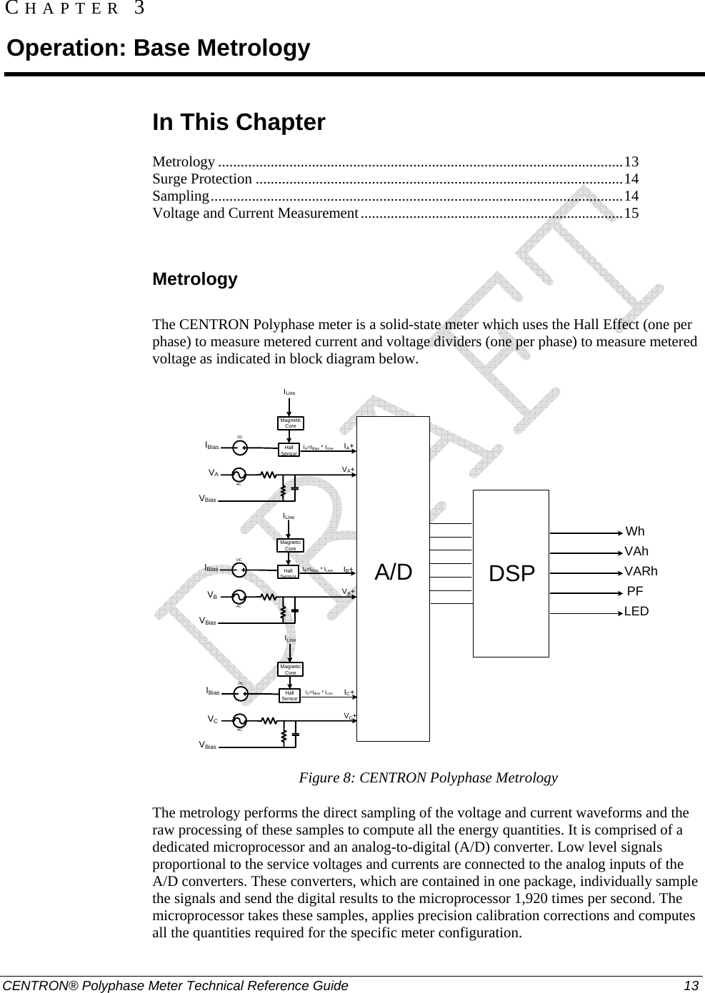  CENTRON® Polyphase Meter Technical Reference Guide  13 CHAPTER 3 Operation: Base Metrology In This Chapter Metrology ............................................................................................................13Surge Protection ..................................................................................................14Sampling..............................................................................................................14Voltage and Current Measurement......................................................................15  Metrology The CENTRON Polyphase meter is a solid-state meter which uses the Hall Effect (one per phase) to measure metered current and voltage dividers (one per phase) to measure metered voltage as indicated in block diagram below.  DCDCACIC=IBias * ILine IC+VC+ILineIBiasVCVBiasMagnetic CoreHall   SensorDCACIB=IBias * ILine IB+VB+ILineIBiasVBVBiasMagnetic CoreHall   SensorACIA=IBias * ILine IA+VA+ILineIBiasVAMagnetic CoreHall   SensorA/D DSPWhVAhVARhPFLEDVBias Figure 8: CENTRON Polyphase Metrology The metrology performs the direct sampling of the voltage and current waveforms and the raw processing of these samples to compute all the energy quantities. It is comprised of a dedicated microprocessor and an analog-to-digital (A/D) converter. Low level signals proportional to the service voltages and currents are connected to the analog inputs of the A/D converters. These converters, which are contained in one package, individually sample the signals and send the digital results to the microprocessor 1,920 times per second. The microprocessor takes these samples, applies precision calibration corrections and computes all the quantities required for the specific meter configuration.  