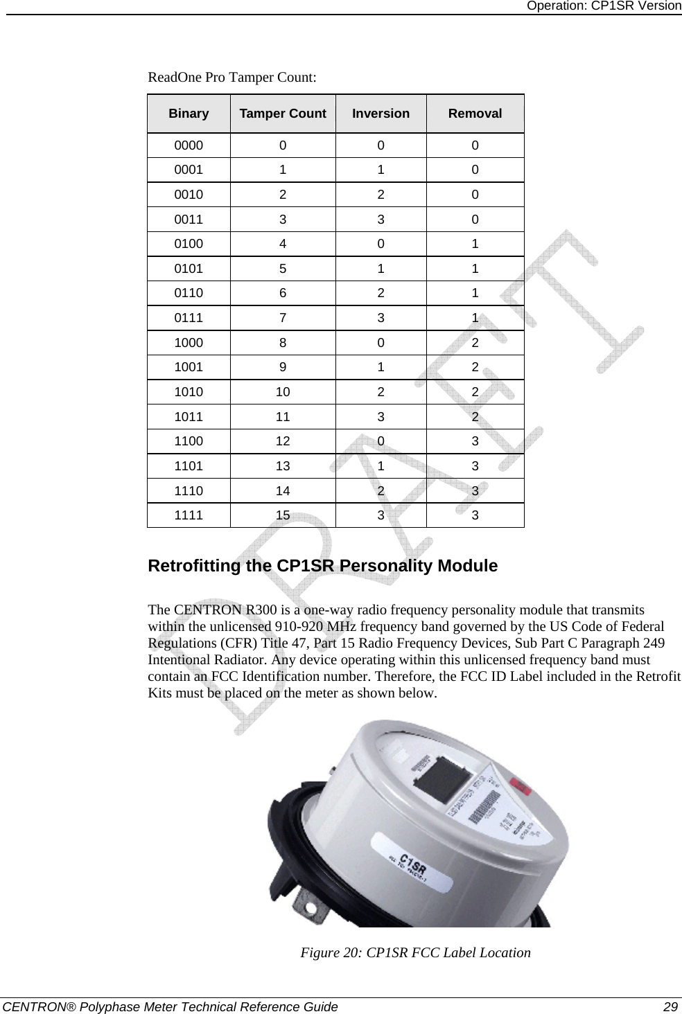 Operation: CP1SR Version   CENTRON® Polyphase Meter Technical Reference Guide  29 ReadOne Pro Tamper Count: Binary  Tamper Count  Inversion  Removal 0000 0  0  0 0001 1  1  0 0010 2  2  0 0011 3  3  0 0100 4  0  1 0101 5  1  1 0110 6  2  1 0111 7  3  1 1000 8  0  2 1001 9  1  2 1010 10  2  2 1011 11  3  2 1100 12  0  3 1101 13  1  3 1110 14  2  3 1111 15  3  3  Retrofitting the CP1SR Personality Module The CENTRON R300 is a one-way radio frequency personality module that transmits within the unlicensed 910-920 MHz frequency band governed by the US Code of Federal Regulations (CFR) Title 47, Part 15 Radio Frequency Devices, Sub Part C Paragraph 249 Intentional Radiator. Any device operating within this unlicensed frequency band must contain an FCC Identification number. Therefore, the FCC ID Label included in the Retrofit Kits must be placed on the meter as shown below.   Figure 20: CP1SR FCC Label Location 