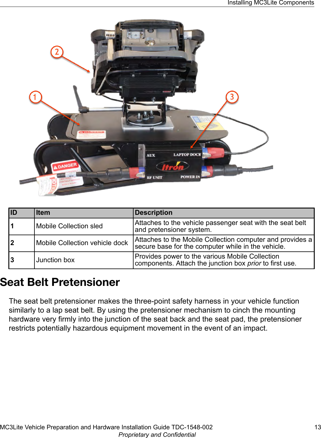 ID Item Description1Mobile Collection sled Attaches to the vehicle passenger seat with the seat beltand pretensioner system.2Mobile Collection vehicle dock Attaches to the Mobile Collection computer and provides asecure base for the computer while in the vehicle.3Junction box Provides power to the various Mobile Collectioncomponents. Attach the junction box prior to first use.Seat Belt PretensionerThe seat belt pretensioner makes the three-point safety harness in your vehicle functionsimilarly to a lap seat belt. By using the pretensioner mechanism to cinch the mountinghardware very firmly into the junction of the seat back and the seat pad, the pretensionerrestricts potentially hazardous equipment movement in the event of an impact.Installing MC3Lite ComponentsMC3Lite Vehicle Preparation and Hardware Installation Guide TDC-1548-002 13Proprietary and Confidential