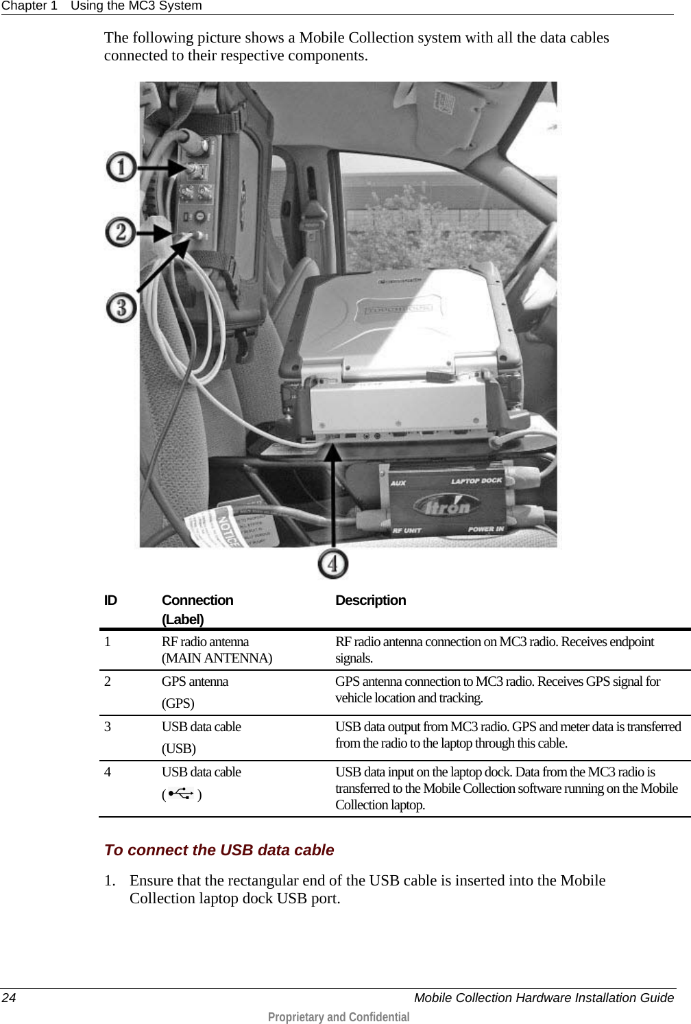 Chapter 1 Using the MC3 System  24    Mobile Collection Hardware Installation Guide  Proprietary and Confidential  The following picture shows a Mobile Collection system with all the data cables connected to their respective components.  ID Connection   (Label)  Description 1  RF radio antenna (MAIN ANTENNA) RF radio antenna connection on MC3 radio. Receives endpoint signals.   2  GPS antenna (GPS) GPS antenna connection to MC3 radio. Receives GPS signal for vehicle location and tracking.  3  USB data cable  (USB) USB data output from MC3 radio. GPS and meter data is transferred from the radio to the laptop through this cable.   4  USB data cable (   ) USB data input on the laptop dock. Data from the MC3 radio is transferred to the Mobile Collection software running on the Mobile Collection laptop.    To connect the USB data cable 1. Ensure that the rectangular end of the USB cable is inserted into the Mobile Collection laptop dock USB port.  