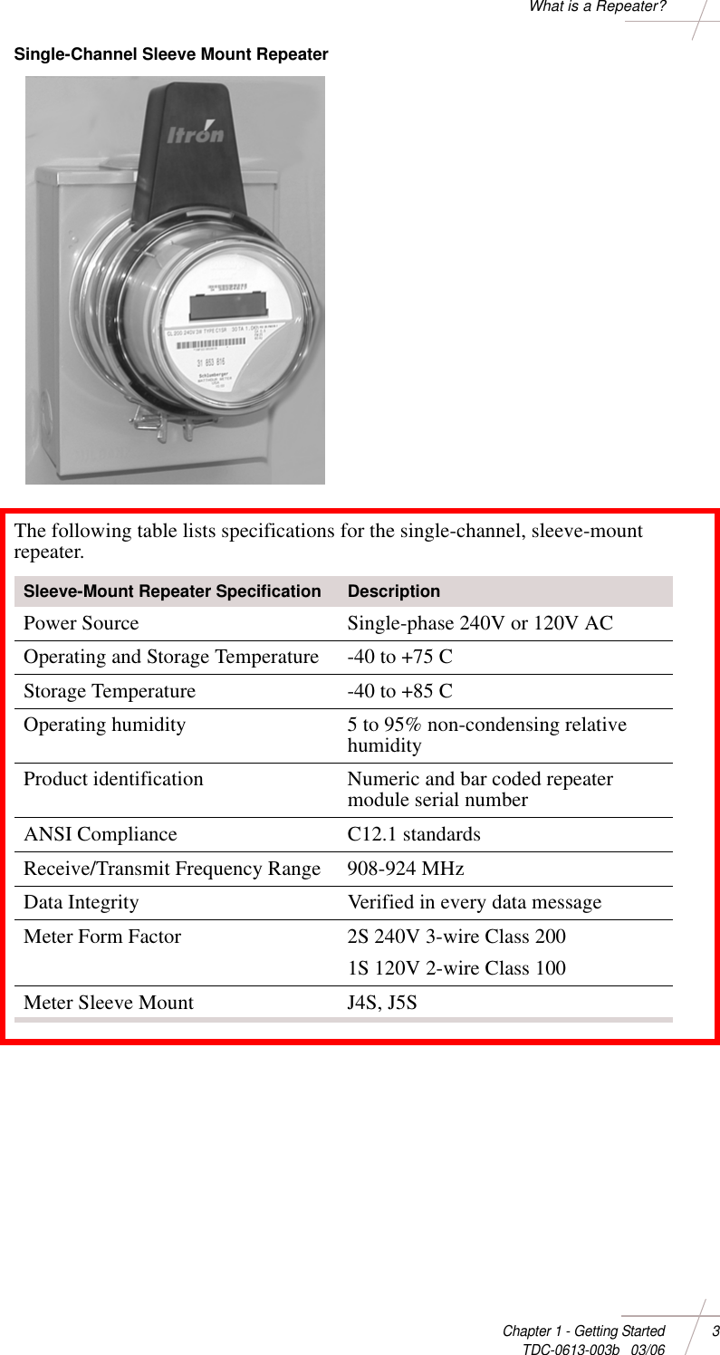 DRAFTChapter 1 - Getting Started 3 TDC-0613-003b   03/06What is a Repeater?Single-Channel Sleeve Mount Repeater The following table lists specifications for the single-channel, sleeve-mount repeater.Sleeve-Mount Repeater Specification DescriptionPower Source Single-phase 240V or 120V ACOperating and Storage Temperature -40 to +75 C Storage Temperature -40 to +85 C Operating humidity 5 to 95% non-condensing relative humidityProduct identification Numeric and bar coded repeater module serial numberANSI Compliance C12.1 standardsReceive/Transmit Frequency Range 908-924 MHzData Integrity Verified in every data messageMeter Form Factor 2S 240V 3-wire Class 2001S 120V 2-wire Class 100Meter Sleeve Mount J4S, J5S