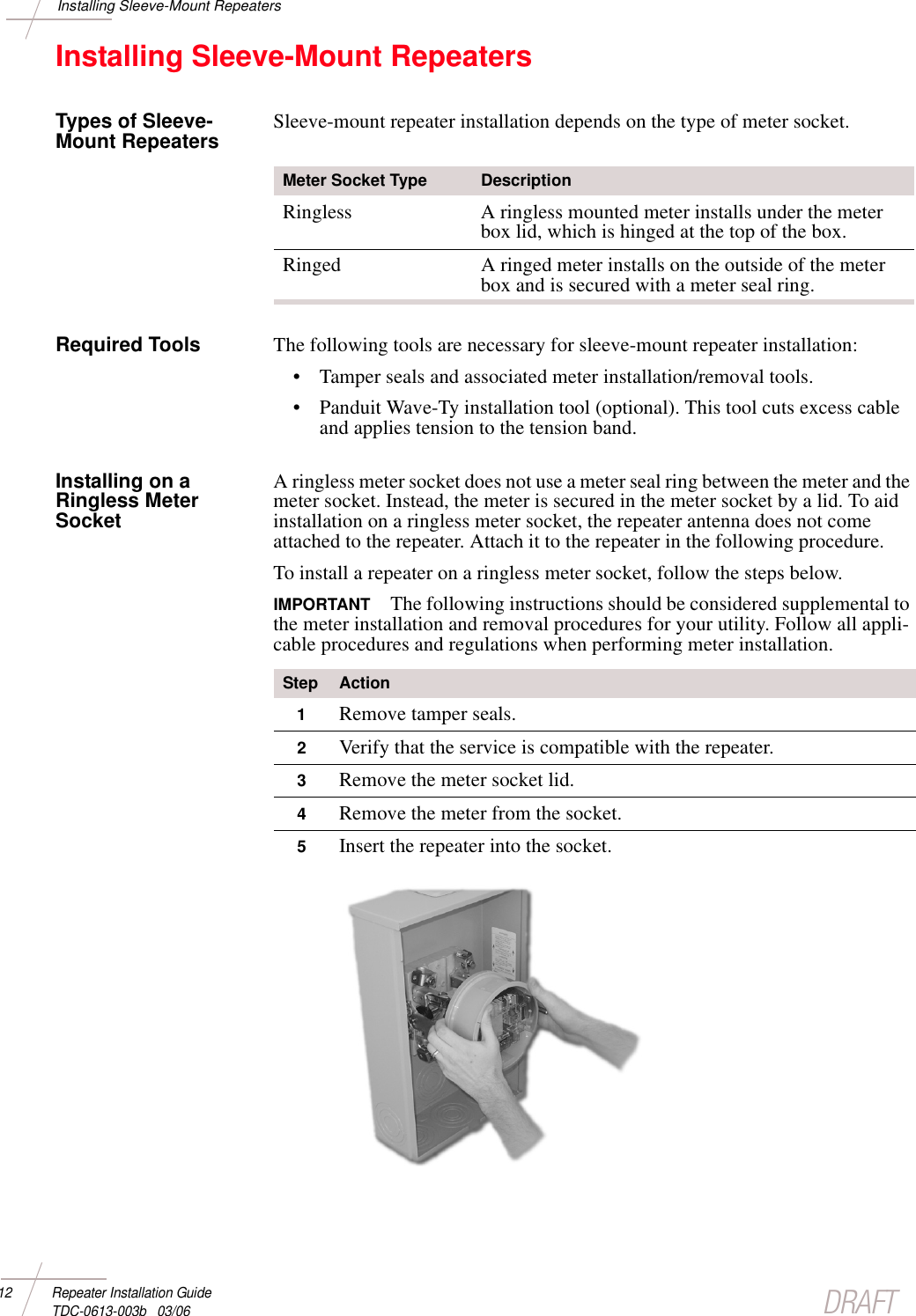 DRAFT12 Repeater Installation Guide TDC-0613-003b   03/06Installing Sleeve-Mount RepeatersInstalling Sleeve-Mount RepeatersTypes of Sleeve- Mount Repeaters Sleeve-mount repeater installation depends on the type of meter socket. Required Tools The following tools are necessary for sleeve-mount repeater installation:• Tamper seals and associated meter installation/removal tools.• Panduit Wave-Ty installation tool (optional). This tool cuts excess cable and applies tension to the tension band. Installing on a Ringless Meter SocketA ringless meter socket does not use a meter seal ring between the meter and the meter socket. Instead, the meter is secured in the meter socket by a lid. To aid installation on a ringless meter socket, the repeater antenna does not come attached to the repeater. Attach it to the repeater in the following procedure. To install a repeater on a ringless meter socket, follow the steps below.IMPORTANT The following instructions should be considered supplemental to the meter installation and removal procedures for your utility. Follow all appli-cable procedures and regulations when performing meter installation.Meter Socket Type DescriptionRingless A ringless mounted meter installs under the meter box lid, which is hinged at the top of the box.Ringed A ringed meter installs on the outside of the meter box and is secured with a meter seal ring. Step Action1Remove tamper seals.2Verify that the service is compatible with the repeater.3Remove the meter socket lid.4Remove the meter from the socket.5Insert the repeater into the socket.