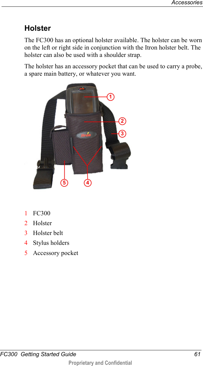 Accessories  FC300  Getting Started Guide 61  Proprietary and Confidential     Holster The FC300 has an optional holster available. The holster can be worn on the left or right side in conjunction with the Itron holster belt. The holster can also be used with a shoulder strap.  The holster has an accessory pocket that can be used to carry a probe, a spare main battery, or whatever you want.     1 FC300 2  Holster 3 Holster belt 4 Stylus holders 5 Accessory pocket   