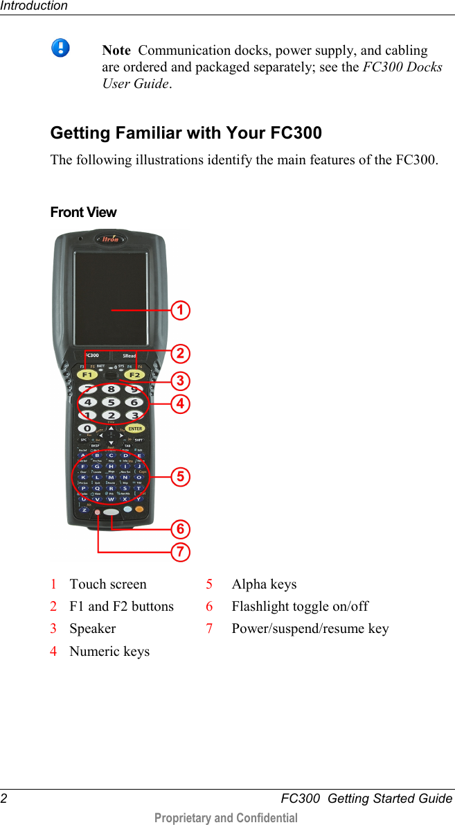 Introduction  2   FC300  Getting Started Guide  Proprietary and Confidential     Note  Communication docks, power supply, and cabling are ordered and packaged separately; see the FC300 Docks User Guide.   Getting Familiar with Your FC300 The following illustrations identify the main features of the FC300.   Front View    1 Touch screen 5 Alpha keys 2 F1 and F2 buttons 6 Flashlight toggle on/off 3 Speaker 7 Power/suspend/resume key 4 Numeric keys     