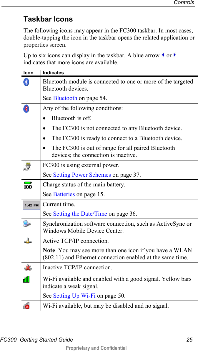  Controls  FC300  Getting Started Guide 25  Proprietary and Confidential    Taskbar Icons The following icons may appear in the FC300 taskbar. In most cases, double-tapping the icon in the taskbar opens the related application or properties screen. Up to six icons can display in the taskbar. A blue arrow   or   indicates that more icons are available.  Icon Indicates  Bluetooth module is connected to one or more of the targeted Bluetooth devices. See Bluetooth on page 54.  Any of the following conditions: • Bluetooth is off. • The FC300 is not connected to any Bluetooth device. • The FC300 is ready to connect to a Bluetooth device. • The FC300 is out of range for all paired Bluetooth devices; the connection is inactive.  FC300 is using external power. See Setting Power Schemes on page 37.  Charge status of the main battery.  See Batteries on page 15.  Current time. See Setting the Date/Time on page 36.  Synchronization software connection, such as ActiveSync or Windows Mobile Device Center.  Active TCP/IP connection. Note  You may see more than one icon if you have a WLAN (802.11) and Ethernet connection enabled at the same time.  Inactive TCP/IP connection.  Wi-Fi available and enabled with a good signal. Yellow bars indicate a weak signal. See Setting Up Wi-Fi on page 50.  Wi-Fi available, but may be disabled and no signal. 