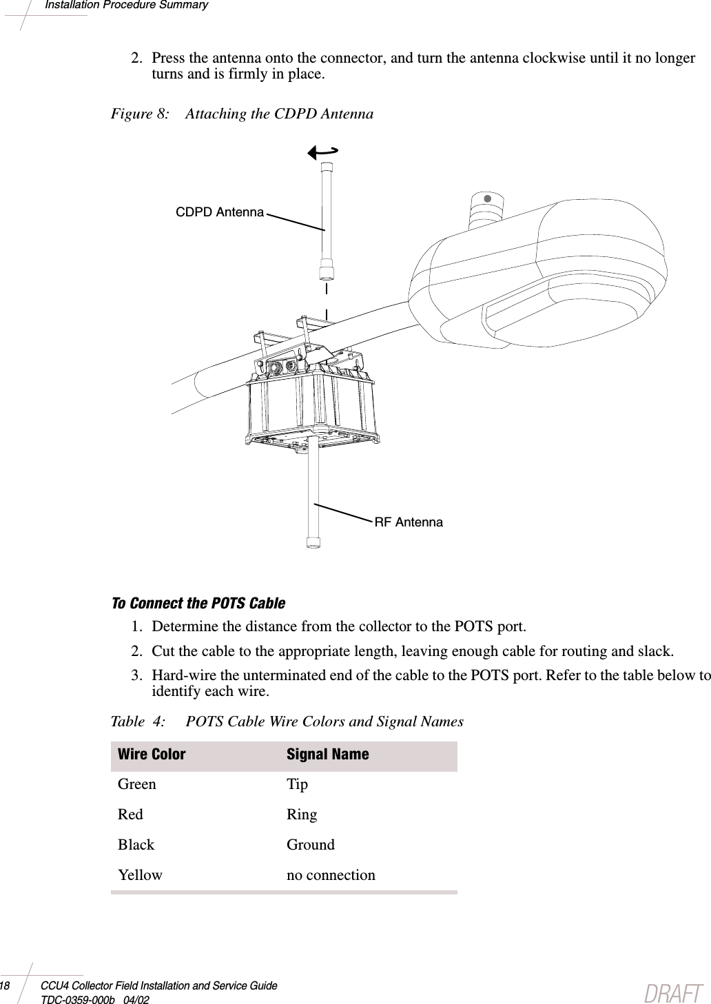 DRAFT18 CCU4 Collector Field Installation and Service GuideTDC-0359-000b 04/02Installation Procedure Summary2. Press the antenna onto the connector, and turn the antenna clockwise until it no longerturns and is firmly in place.Figure 8: Attaching the CDPD AntennaTo Connect the POTS Cable1. Determine the distance from thecollectorto the POTS port.2. Cut the cable to the appropriate length, leaving enough cable for routing and slack.3. Hard-wire the unterminated end of the cable to the POTS port. Refer to the table below toidentify each wire.Table 4: POTS Cable Wire Colors and Signal NamesWire Color Signal NameGreen TipRed RingBlack GroundYellow no connectionCDPD AntennaRF Antenna