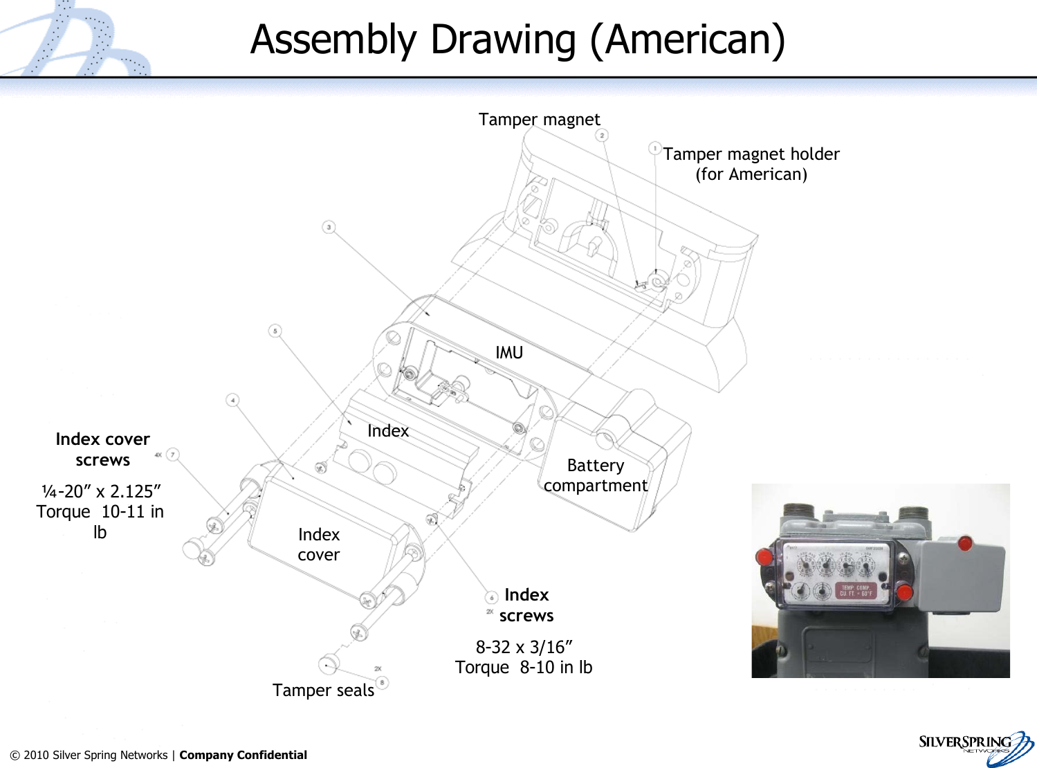 7© 2010 Silver Spring Networks | Company Confidential Assembly Drawing (American)IndexcoverIndexscrewsIndex coverscrewsTamper sealsTamper magnet holder(for American)Tamper magnetIMUIndexBatterycompartment¼-20” x 2.125”Torque  10-11 inlb8-32 x 3/16”Torque  8-10 in lb