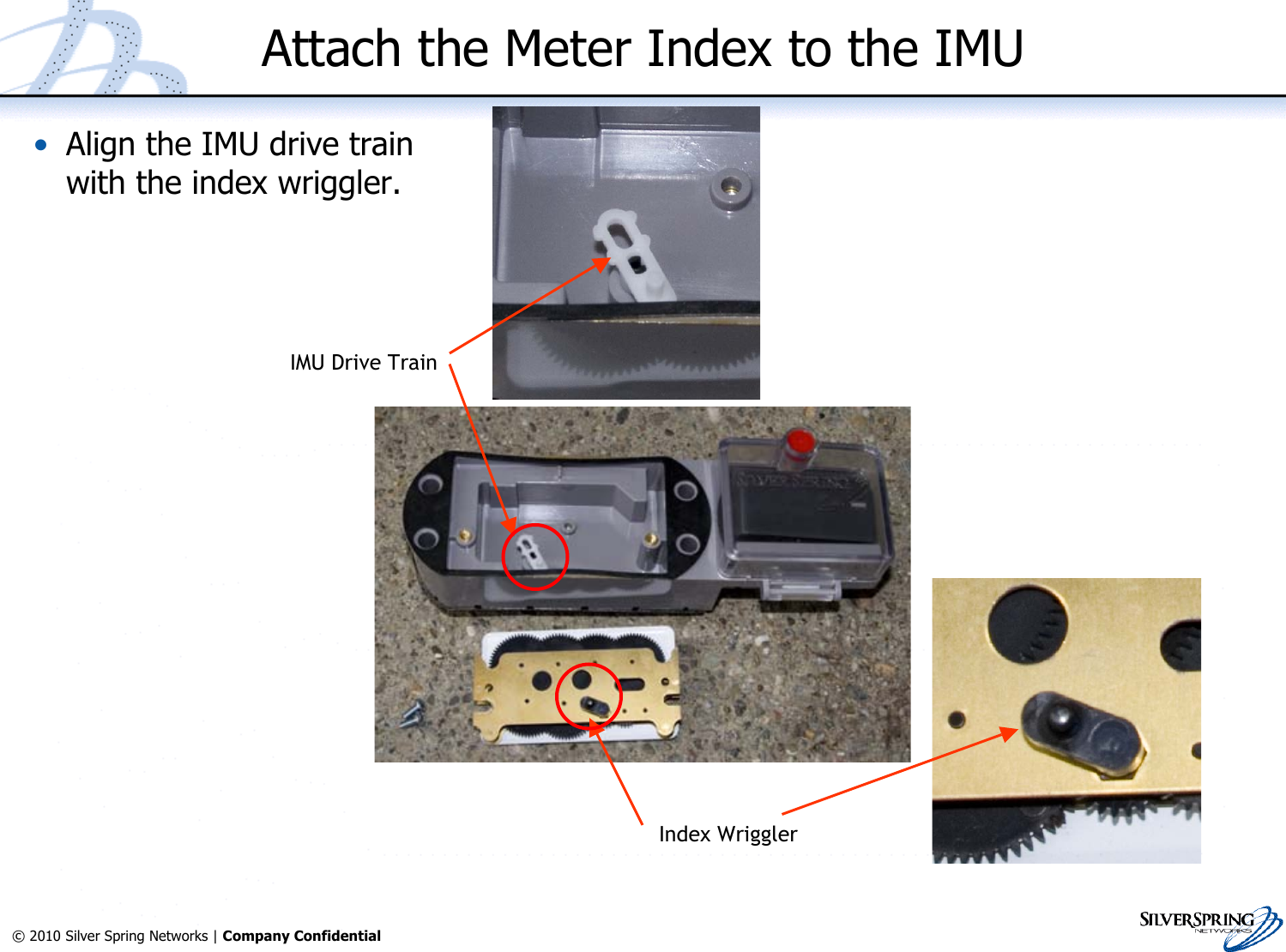 13© 2010 Silver Spring Networks | Company Confidential Attach the Meter Index to the IMU•Align the IMU drive trainwith the index wriggler.IMU Drive TrainIndex Wriggler