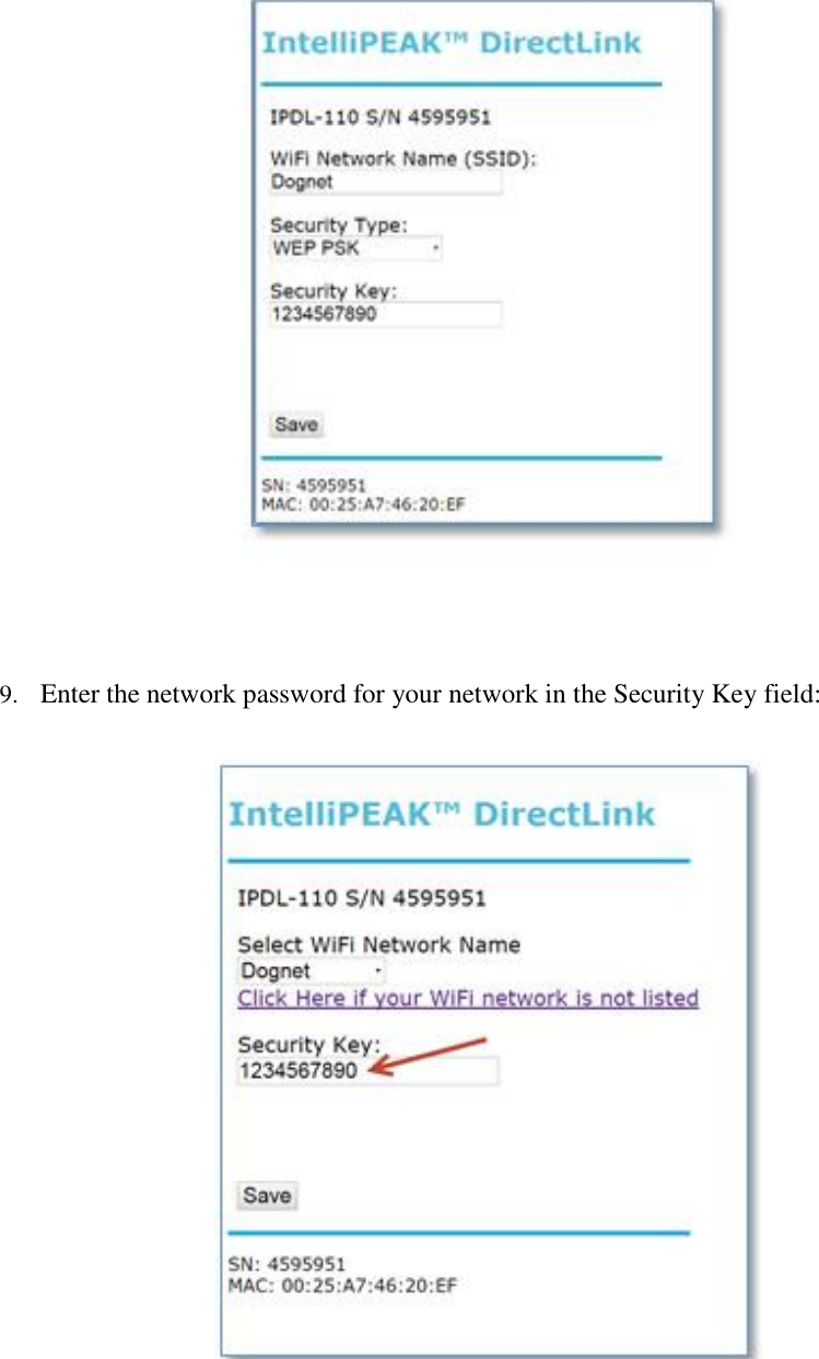   9. Enter the network password for your network in the Security Key field:   