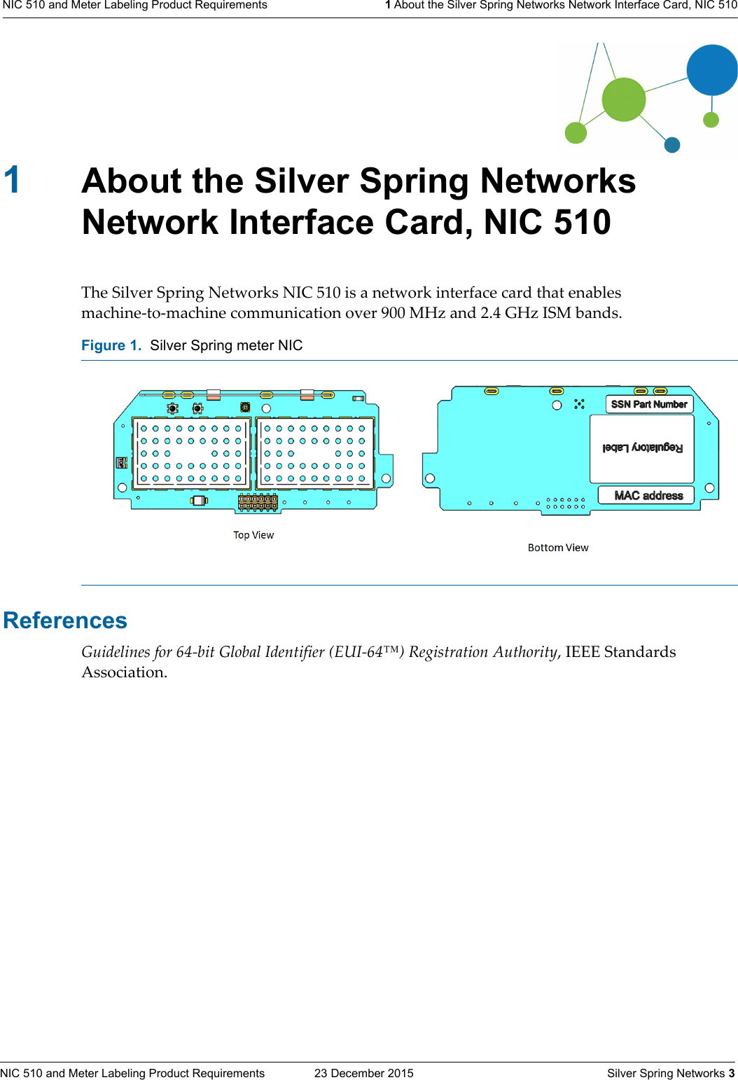 NIC 510 and Meter Labeling Product Requirements  23 December 2015    Silver Spring Networks 3NIC 510 and Meter Labeling Product Requirements 1 About the Silver Spring Networks Network Interface Card, NIC 5101About the Silver Spring Networks Network Interface Card, NIC 510The Silver Spring Networks NIC 510 is a network interface card that enables machine-to-machine communication over 900 MHz and 2.4 GHz ISM bands. ReferencesGuidelines for 64-bit Global Identifier (EUI-64™) Registration Authority, IEEE Standards Association.Figure 1.  Silver Spring meter NIC