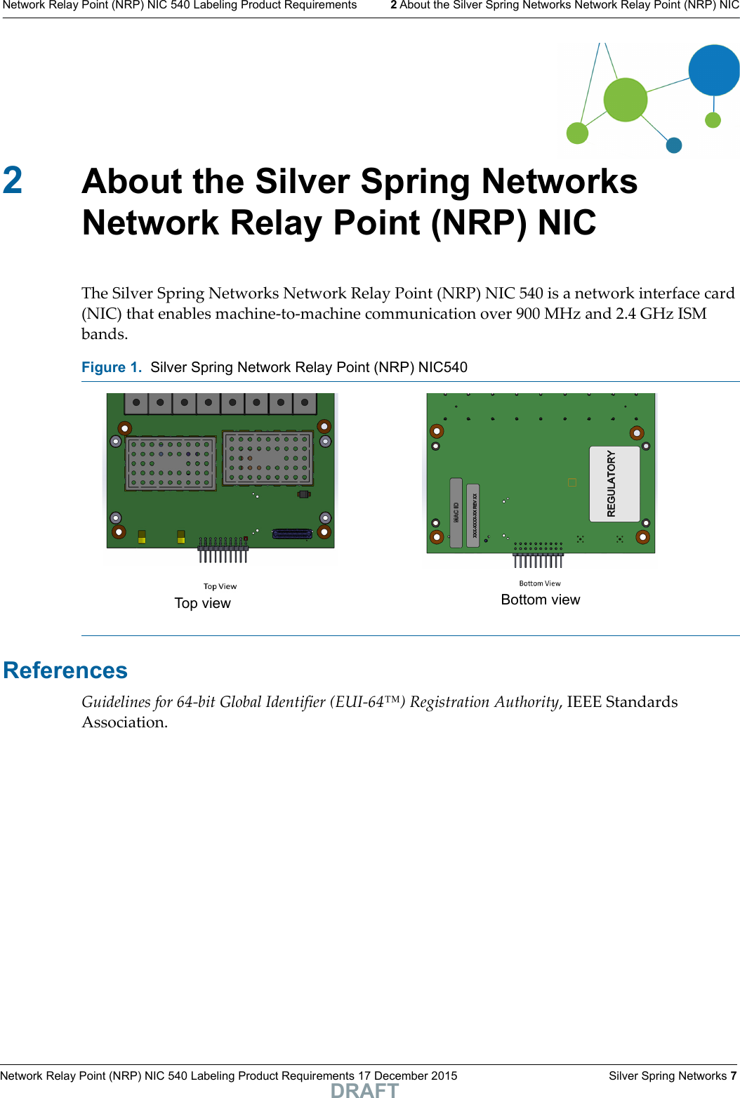 Network Relay Point (NRP) NIC 540 Labeling Product Requirements 17 December 2015    Silver Spring Networks 7Network Relay Point (NRP) NIC 540 Labeling Product Requirements 2 About the Silver Spring Networks Network Relay Point (NRP) NICDRAFT2About the Silver Spring Networks Network Relay Point (NRP) NICThe Silver Spring Networks Network Relay Point (NRP) NIC 540 is a network interface card (NIC) that enables machine-to-machine communication over 900 MHz and 2.4 GHz ISM bands. ReferencesGuidelines for 64-bit Global Identifier (EUI-64™) Registration Authority, IEEE Standards Association.Figure 1.  Silver Spring Network Relay Point (NRP) NIC540Top v i e w Bottom view