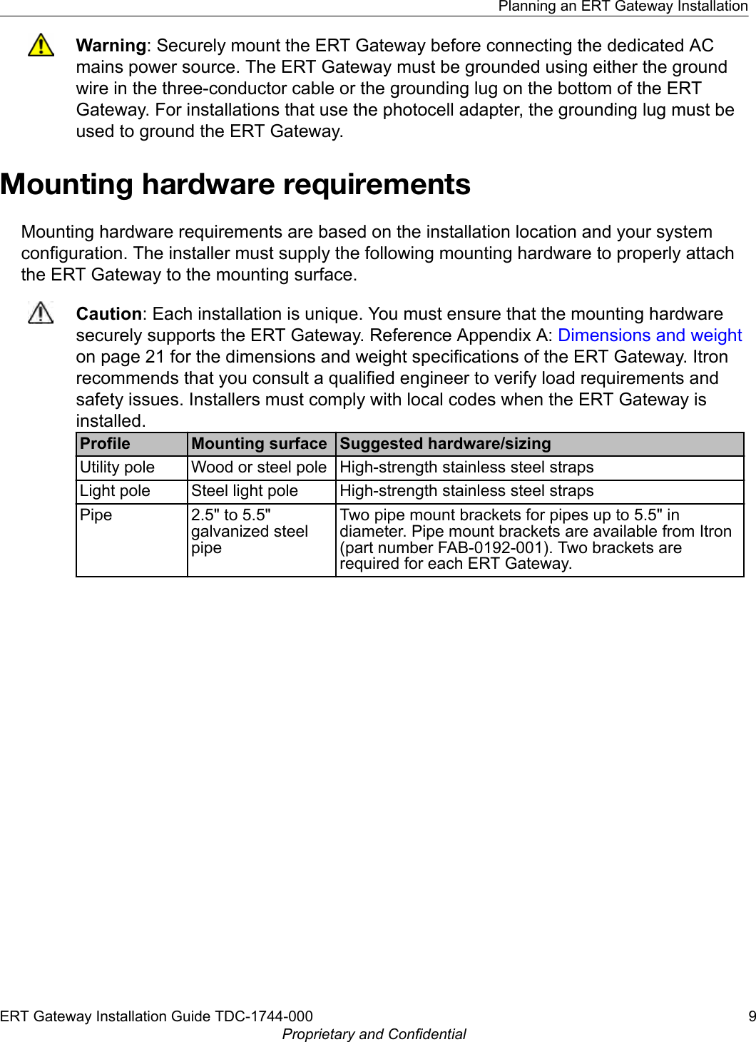 Warning: Securely mount the ERT Gateway before connecting the dedicated ACmains power source. The ERT Gateway must be grounded using either the groundwire in the three-conductor cable or the grounding lug on the bottom of the ERTGateway. For installations that use the photocell adapter, the grounding lug must beused to ground the ERT Gateway.Mounting hardware requirementsMounting hardware requirements are based on the installation location and your systemconfiguration. The installer must supply the following mounting hardware to properly attachthe ERT Gateway to the mounting surface.Caution: Each installation is unique. You must ensure that the mounting hardwaresecurely supports the ERT Gateway. Reference Appendix A: Dimensions and weighton page 21 for the dimensions and weight specifications of the ERT Gateway. Itronrecommends that you consult a qualified engineer to verify load requirements andsafety issues. Installers must comply with local codes when the ERT Gateway isinstalled.Profile Mounting surface Suggested hardware/sizingUtility pole Wood or steel pole High-strength stainless steel strapsLight pole Steel light pole High-strength stainless steel strapsPipe 2.5&quot; to 5.5&quot;galvanized steelpipeTwo pipe mount brackets for pipes up to 5.5&quot; indiameter. Pipe mount brackets are available from Itron(part number FAB-0192-001). Two brackets arerequired for each ERT Gateway.Planning an ERT Gateway InstallationERT Gateway Installation Guide TDC-1744-000 9Proprietary and Confidential