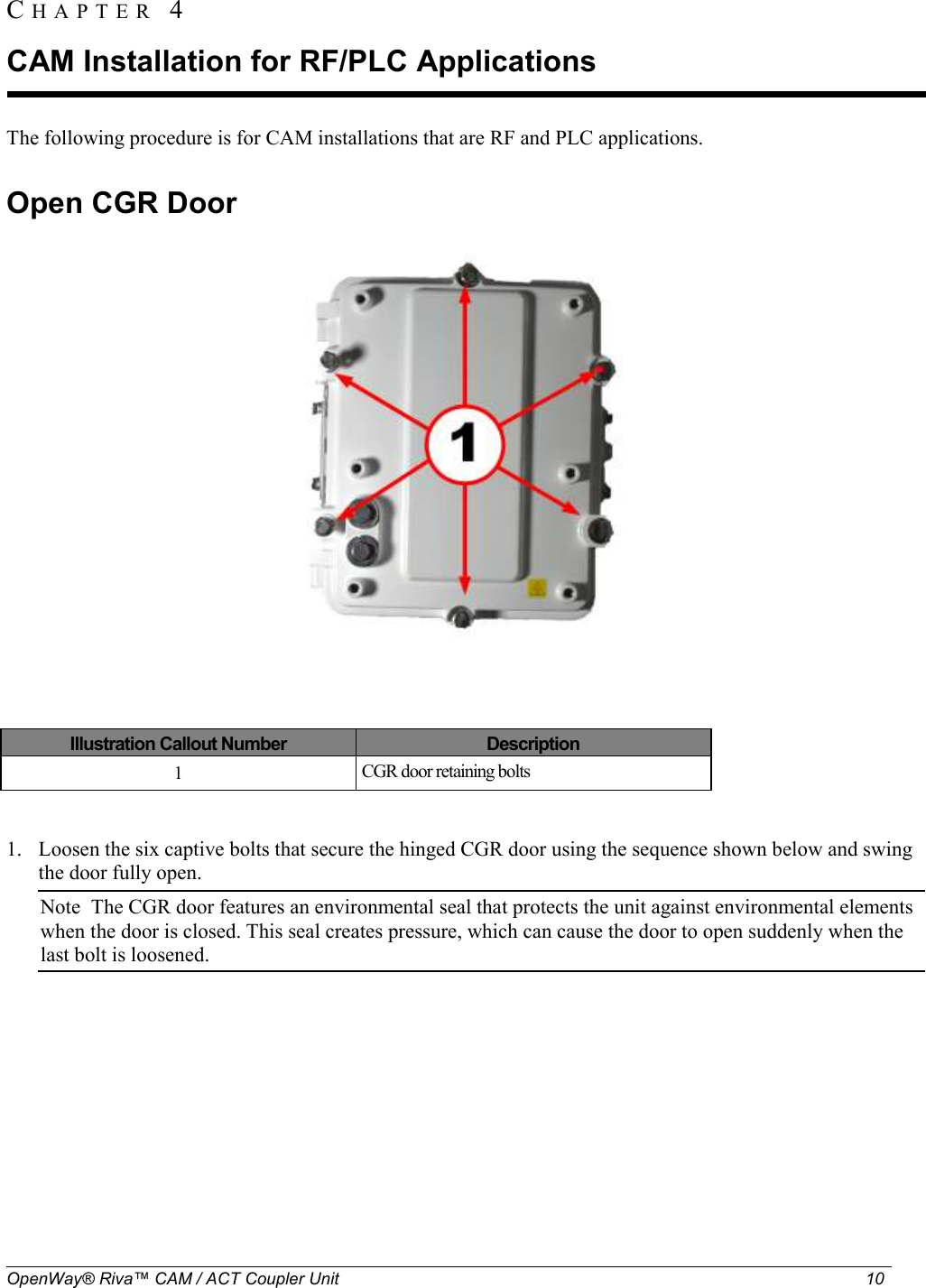  OpenWay® Riva™ CAM / ACT Coupler Unit   10     The following procedure is for CAM installations that are RF and PLC applications.  Open CGR Door  Illustration Callout Number  Description 1  CGR door retaining bolts  1. Loosen the six captive bolts that secure the hinged CGR door using the sequence shown below and swing the door fully open. Note  The CGR door features an environmental seal that protects the unit against environmental elements when the door is closed. This seal creates pressure, which can cause the door to open suddenly when the last bolt is loosened. CH A P T E R  4  CAM Installation for RF/PLC Applications 