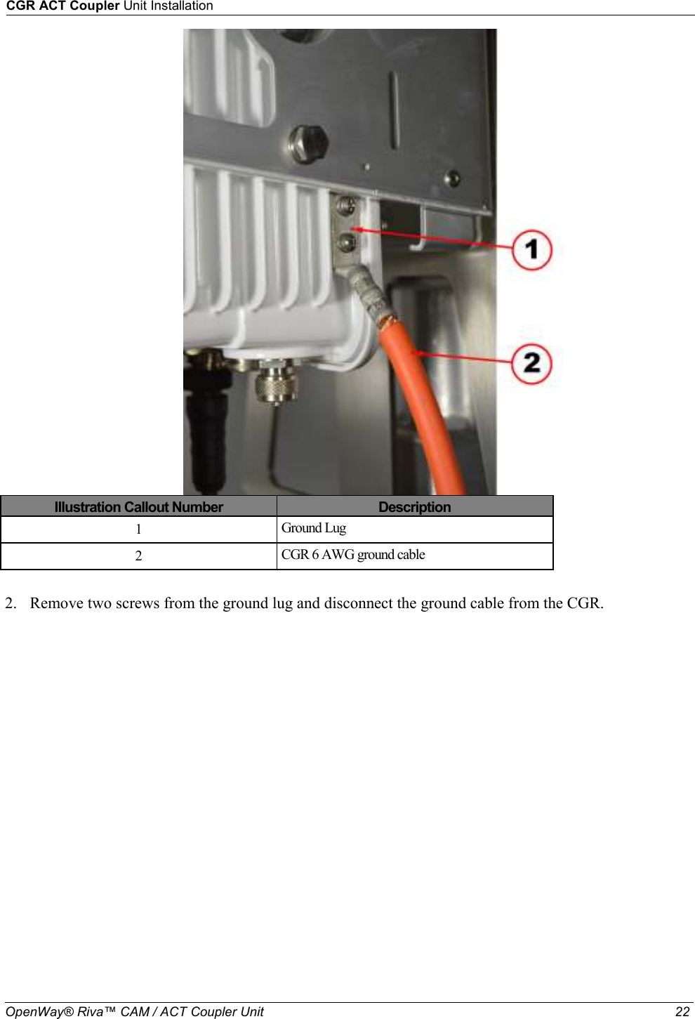 CGR ACT Coupler Unit Installation  OpenWay® Riva™ CAM / ACT Coupler Unit   22                             Illustration Callout Number  Description 1  Ground Lug 2  CGR 6 AWG ground cable  2. Remove two screws from the ground lug and disconnect the ground cable from the CGR.  
