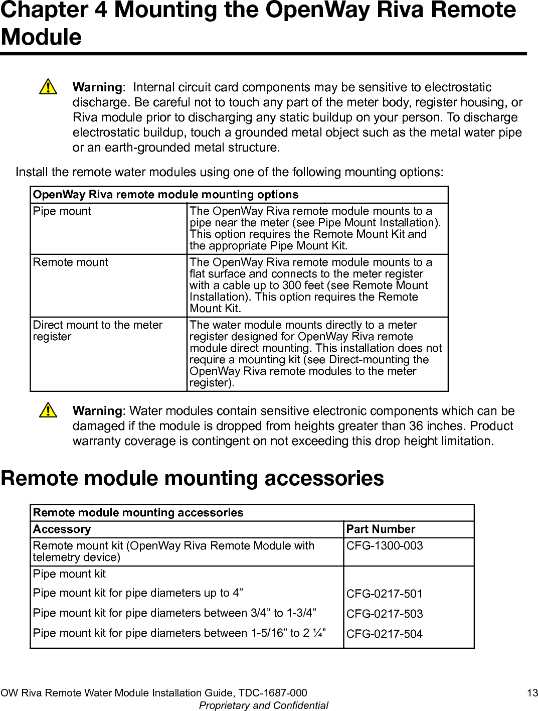 Chapter 4 Mounting the OpenWay Riva RemoteModuleWarning:  Internal circuit card components may be sensitive to electrostaticdischarge. Be careful not to touch any part of the meter body, register housing, orRiva module prior to discharging any static buildup on your person. To dischargeelectrostatic buildup, touch a grounded metal object such as the metal water pipeor an earth-grounded metal structure.Install the remote water modules using one of the following mounting options:OpenWay Riva remote module mounting optionsPipe mount The OpenWay Riva remote module mounts to apipe near the meter (see Pipe Mount Installation).This option requires the Remote Mount Kit andthe appropriate Pipe Mount Kit.Remote mount The OpenWay Riva remote module mounts to aflat surface and connects to the meter registerwith a cable up to 300 feet (see Remote MountInstallation). This option requires the RemoteMount Kit.Direct mount to the meterregisterThe water module mounts directly to a meterregister designed for OpenWay Riva remotemodule direct mounting. This installation does notrequire a mounting kit (see Direct-mounting theOpenWay Riva remote modules to the meterregister).Warning: Water modules contain sensitive electronic components which can bedamaged if the module is dropped from heights greater than 36 inches. Productwarranty coverage is contingent on not exceeding this drop height limitation.Remote module mounting accessoriesRemote module mounting accessoriesAccessory Part NumberRemote mount kit (OpenWay Riva Remote Module withtelemetry device)CFG-1300-003Pipe mount kitPipe mount kit for pipe diameters up to 4”Pipe mount kit for pipe diameters between 3/4” to 1-3/4”Pipe mount kit for pipe diameters between 1-5/16” to 2 ¼”CFG-0217-501CFG-0217-503CFG-0217-504OW Riva Remote Water Module Installation Guide, TDC-1687-000 13Proprietary and Confidential