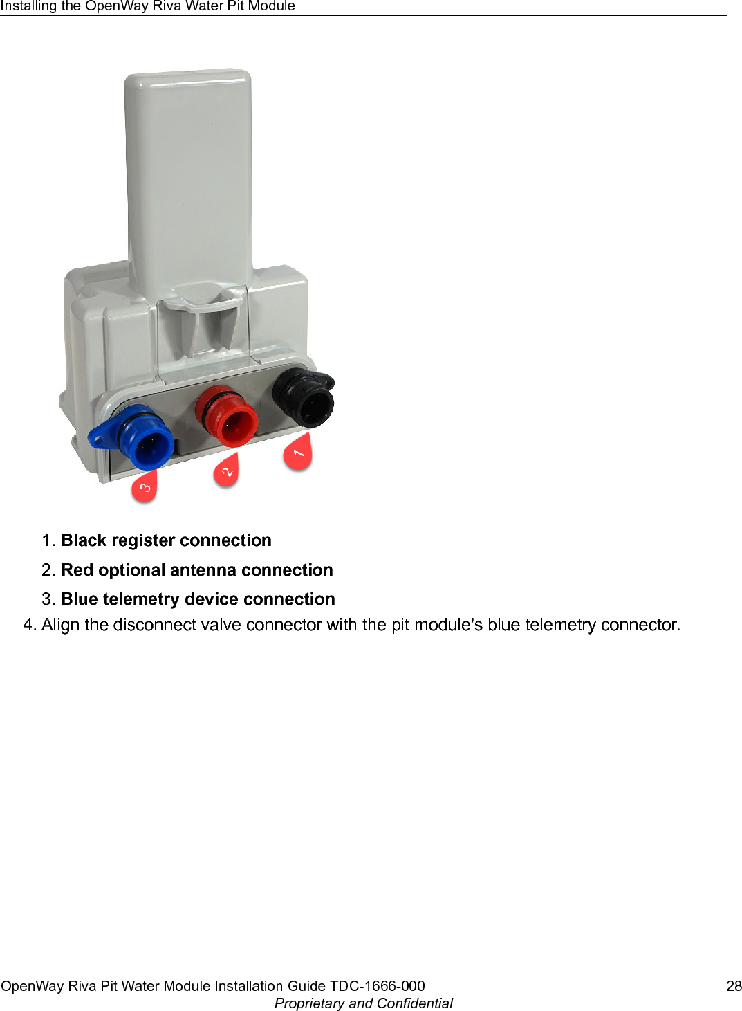 1. Black register connection2. Red optional antenna connection3. Blue telemetry device connection4. Align the disconnect valve connector with the pit module&apos;s blue telemetry connector.Installing the OpenWay Riva Water Pit ModuleOpenWay Riva Pit Water Module Installation Guide TDC-1666-000 28Proprietary and Confidential