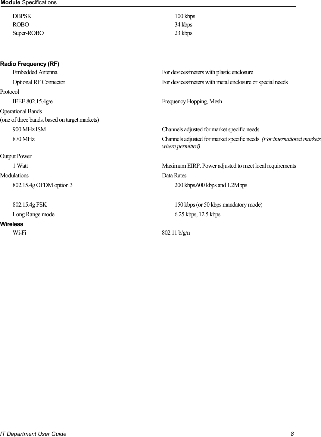 Module Specifications  IT Department User Guide  8      DBPSK  ROBO  Super-ROBO  100 kbps  34 kbps  23 kbps    Radio Frequency (RF)  Embedded Antenna  For devices/meters with plastic enclosure  Optional RF Connector  For devices/meters with metal enclosure or special needs Protocol  IEEE 802.15.4g/e  Frequency Hopping, Mesh Operational Bands (one of three bands, based on target markets)  900 MHz ISM  Channels adjusted for market specific needs  870 MHz  Channels adjusted for market specific needs  (For international markets where permitted) Output Power  1 Watt  Maximum EIRP. Power adjusted to meet local requirements Modulations  Data Rates  802.15.4g OFDM option 3   200 kbps,600 kbps and 1.2Mbps      802.15.4g FSK   150 kbps (or 50 kbps mandatory mode)  Long Range mode   6.25 kbps, 12.5 kbps Wireless  Wi-Fi  802.11 b/g/n 