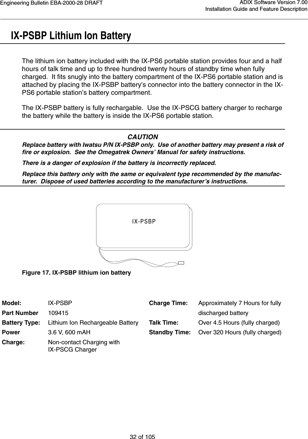 Engineering Bulletin EBA-2000-28 DRAFT32 of 105ADIX Software Version 7.00Installation Guide and Feature DescriptionIX-PSBP Lithium Ion BatteryThe lithium ion battery included with the IX-PS6 portable station provides four and a half hours of talk time and up to three hundred twenty hours of standby time when fully charged.  It fits snugly into the battery compartment of the IX-PS6 portable station and is attached by placing the IX-PSBP battery’s connector into the battery connector in the IX-PS6 portable station’s battery compartment.The IX-PSBP battery is fully rechargable.  Use the IX-PSCG battery charger to recharge the battery while the battery is inside the IX-PS6 portable station.  CAUTIONReplace battery with Iwatsu P/N IX-PSBP only.  Use of another battery may present a risk of fire or explosion.  See the Omegatrek Owners’ Manual for safety instructions.There is a danger of explosion if the battery is incorrectly replaced.Replace this battery only with the same or equivalent type recommended by the manufac-turer.  Dispose of used batteries according to the manufacturer’s instructions.Figure 17. IX-PSBP lithium ion batteryModel: IX-PSBP Charge Time: Approximately 7 Hours for fullyPart Number 109415 discharged batteryBattery Type: Lithium Ion Rechargeable Battery Talk Time: Over 4.5 Hours (fully charged)Power 3.6 V, 600 mAH Standby Time: Over 320 Hours (fully charged)Charge: Non-contact Charging withIX-PSCG ChargerIX-PSBP