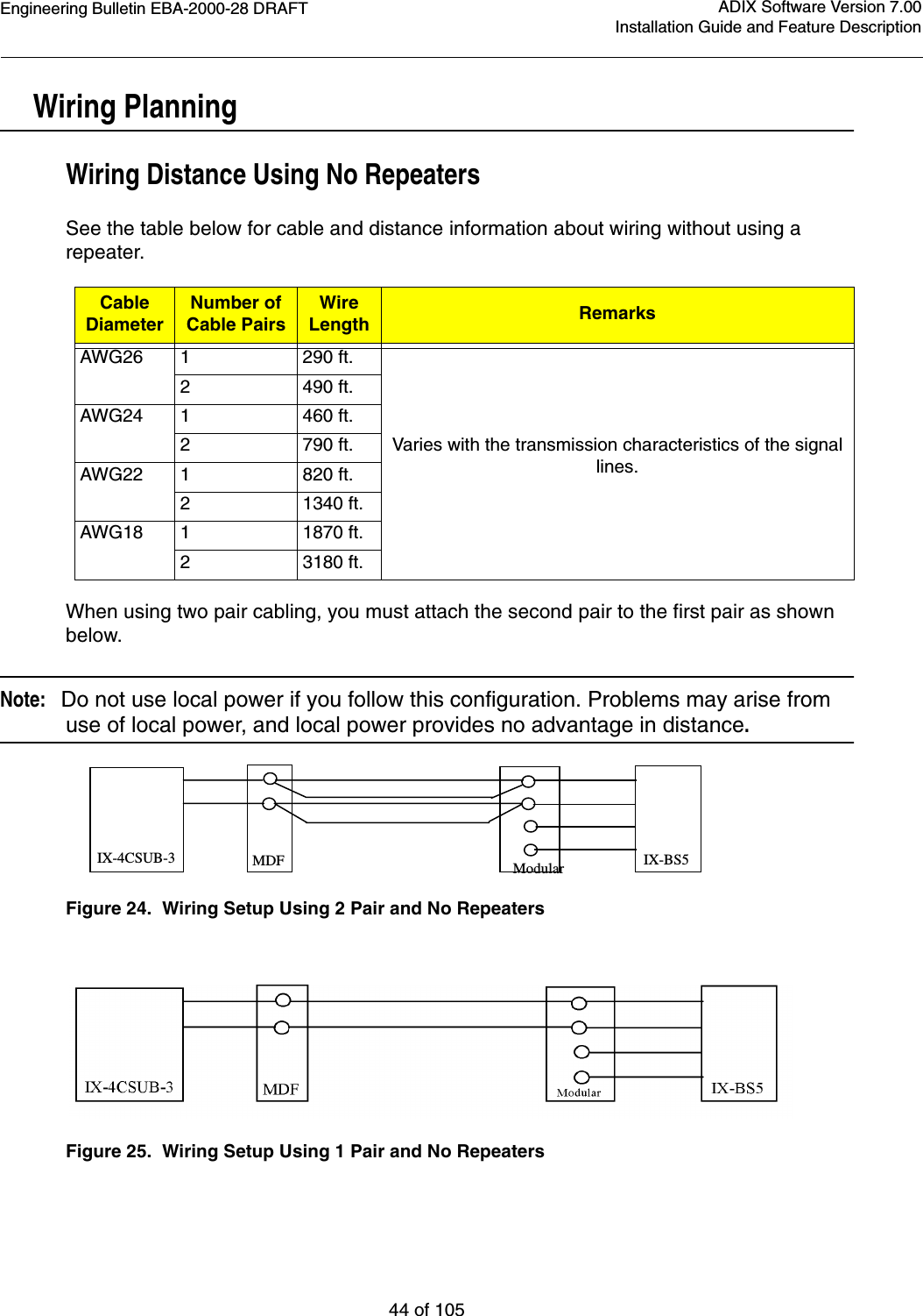 Engineering Bulletin EBA-2000-28 DRAFT44 of 105ADIX Software Version 7.00Installation Guide and Feature DescriptionWiring PlanningWiring Distance Using No RepeatersSee the table below for cable and distance information about wiring without using a repeater.When using two pair cabling, you must attach the second pair to the first pair as shown below.Note:   Do not use local power if you follow this configuration. Problems may arise from use of local power, and local power provides no advantage in distance.  Figure 24.  Wiring Setup Using 2 Pair and No RepeatersFigure 25.  Wiring Setup Using 1 Pair and No RepeatersCableDiameterNumber ofCable PairsWire Length RemarksAWG26 1 290 ft.Varies with the transmission characteristics of the signal lines. 2 490 ft.AWG24 1 460 ft.2 790 ft.AWG22 1 820 ft.2 1340 ft.AWG18 1 1870 ft.2 3180 ft.IX-4CSUB-3  MDF  Modular  IX-BS5 