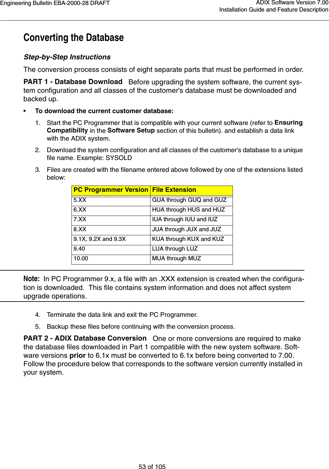 Engineering Bulletin EBA-2000-28 DRAFT53 of 105ADIX Software Version 7.00Installation Guide and Feature DescriptionConverting the DatabaseStep-by-Step InstructionsThe conversion process consists of eight separate parts that must be performed in order.PART 1 - Database Download   Before upgrading the system software, the current sys-tem configuration and all classes of the customer&apos;s database must be downloaded and backed up.•To download the current customer database:1. Start the PC Programmer that is compatible with your current software (refer to Ensuring Compatibility in the Software Setup section of this bulletin). and establish a data link with the ADIX system.2. Download the system configuration and all classes of the customer&apos;s database to a unique file name. Example: SYSOLD3. Files are created with the filename entered above followed by one of the extensions listed below:Note:  In PC Programmer 9.x, a file with an .XXX extension is created when the configura-tion is downloaded.  This file contains system information and does not affect system upgrade operations.4. Terminate the data link and exit the PC Programmer.5. Backup these files before continuing with the conversion process.PART 2 - ADIX Database Conversion   One or more conversions are required to make the database files downloaded in Part 1 compatible with the new system software. Soft-ware versions prior to 6.1x must be converted to 6.1x before being converted to 7.00. Follow the procedure below that corresponds to the software version currently installed in your system. PC Programmer Version File Extension5.XX GUA through GUQ and GUZ6.XX HUA through HUS and HUZ7.XX IUA through IUU and IUZ8.XX JUA through JUX and JUZ9.1X, 9.2X and 9.3X KUA through KUX and KUZ9.40 LUA through LUZ10.00 MUA through MUZ