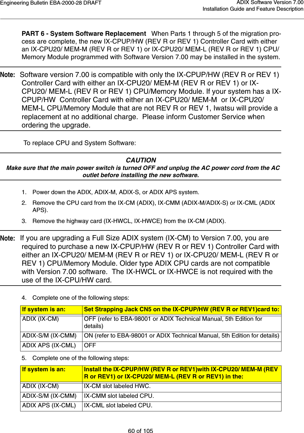 Engineering Bulletin EBA-2000-28 DRAFT60 of 105ADIX Software Version 7.00Installation Guide and Feature DescriptionPART 6 - System Software Replacement   When Parts 1 through 5 of the migration pro-cess are complete, the new IX-CPUP/HW (REV R or REV 1) Controller Card with either an IX-CPU20/ MEM-M (REV R or REV 1) or IX-CPU20/ MEM-L (REV R or REV 1) CPU/Memory Module programmed with Software Version 7.00 may be installed in the system.Note:   Software version 7.00 is compatible with only the IX-CPUP/HW (REV R or REV 1) Controller Card with either an IX-CPU20/ MEM-M (REV R or REV 1) or IX-CPU20/ MEM-L (REV R or REV 1) CPU/Memory Module. If your system has a IX-CPUP/HW  Controller Card with either an IX-CPU20/ MEM-M  or IX-CPU20/ MEM-L CPU/Memory Module that are not REV R or REV 1, Iwatsu will provide a replacement at no additional charge.  Please inform Customer Service when ordering the upgrade. To replace CPU and System Software:CAUTION   Make sure that the main power switch is turned OFF and unplug the AC power cord from the AC outlet before installing the new software.1. Power down the ADIX, ADIX-M, ADIX-S, or ADIX APS system.2. Remove the CPU card from the IX-CM (ADIX), IX-CMM (ADIX-M/ADIX-S) or IX-CML (ADIX APS).3. Remove the highway card (IX-HWCL, IX-HWCE) from the IX-CM (ADIX). Note:   If you are upgrading a Full Size ADIX system (IX-CM) to Version 7.00, you are required to purchase a new IX-CPUP/HW (REV R or REV 1) Controller Card with either an IX-CPU20/ MEM-M (REV R or REV 1) or IX-CPU20/ MEM-L (REV R or REV 1) CPU/Memory Module. Older type ADIX CPU cards are not compatible with Version 7.00 software.  The IX-HWCL or IX-HWCE is not required with the use of the IX-CPU/HW card.4. Complete one of the following steps:5. Complete one of the following steps:If system is an: Set Strapping Jack CN5 on the IX-CPUP/HW (REV R or REV1)card to:ADIX (IX-CM) OFF (refer to EBA-98001 or ADIX Technical Manual, 5th Edition for details)ADIX-S/M (IX-CMM) ON (refer to EBA-98001 or ADIX Technical Manual, 5th Edition for details)ADIX APS (IX-CML) OFFIf system is an: Install the IX-CPUP/HW (REV R or REV1)with IX-CPU20/ MEM-M (REV R or REV1) or IX-CPU20/ MEM-L (REV R or REV1) in the:ADIX (IX-CM) IX-CM slot labeled HWC.ADIX-S/M (IX-CMM) IX-CMM slot labeled CPU.ADIX APS (IX-CML) IX-CML slot labeled CPU.