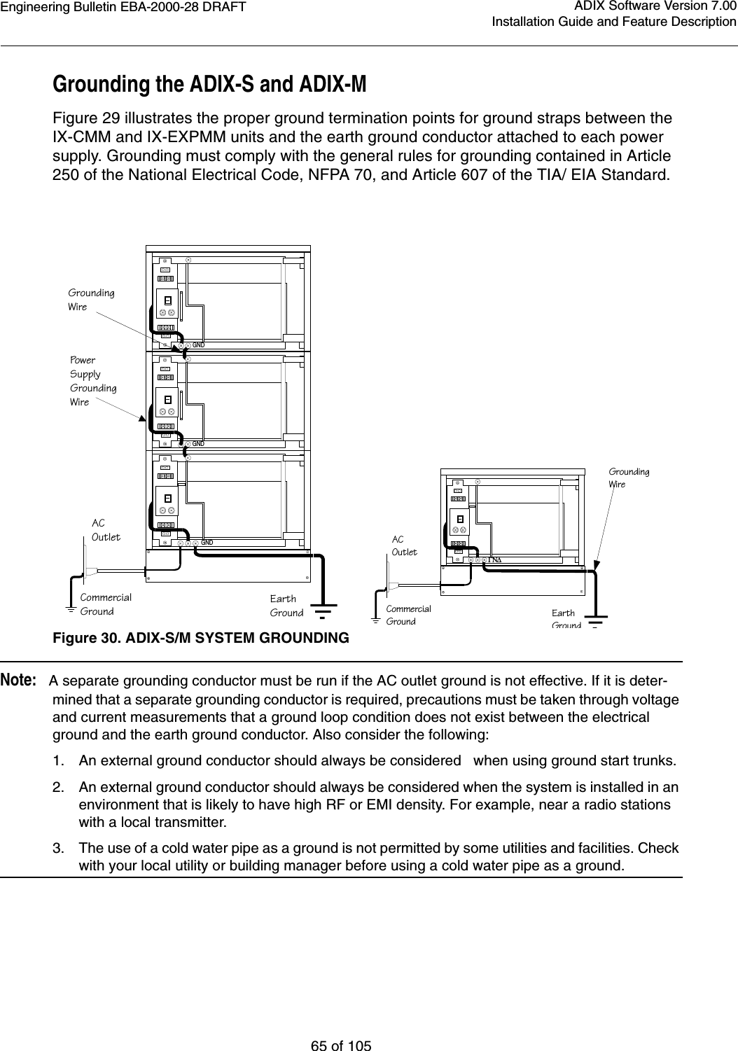 Engineering Bulletin EBA-2000-28 DRAFT65 of 105ADIX Software Version 7.00Installation Guide and Feature DescriptionGrounding the ADIX-S and ADIX-MFigure 29 illustrates the proper ground termination points for ground straps between the IX-CMM and IX-EXPMM units and the earth ground conductor attached to each power supply. Grounding must comply with the general rules for grounding contained in Article 250 of the National Electrical Code, NFPA 70, and Article 607 of the TIA/ EIA Standard.Figure 30. ADIX-S/M SYSTEM GROUNDINGNote:   A separate grounding conductor must be run if the AC outlet ground is not effective. If it is deter-mined that a separate grounding conductor is required, precautions must be taken through voltage and current measurements that a ground loop condition does not exist between the electrical ground and the earth ground conductor. Also consider the following:1. An external ground conductor should always be considered   when using ground start trunks.2. An external ground conductor should always be considered when the system is installed in an environment that is likely to have high RF or EMI density. For example, near a radio stations with a local transmitter.3. The use of a cold water pipe as a ground is not permitted by some utilities and facilities. Check with your local utility or building manager before using a cold water pipe as a ground.ΓΝ∆ACOutletGroundingWireCommercialGround EarthGroundACOutletGroundingWireCommercialGroundEarthGroundGNDGNDGNDPo w e rSupplyGroundingWire