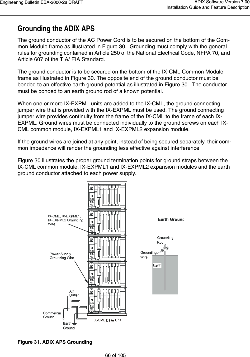 Engineering Bulletin EBA-2000-28 DRAFT66 of 105ADIX Software Version 7.00Installation Guide and Feature DescriptionGrounding the ADIX APSThe ground conductor of the AC Power Cord is to be secured on the bottom of the Com-mon Module frame as illustrated in Figure 30.  Grounding must comply with the general rules for grounding contained in Article 250 of the National Electrical Code, NFPA 70, and Article 607 of the TIA/ EIA Standard.The ground conductor is to be secured on the bottom of the IX-CML Common Module frame as illustrated in Figure 30. The opposite end of the ground conductor must be bonded to an effective earth ground potential as illustrated in Figure 30.  The conductor must be bonded to an earth ground rod of a known potential.When one or more IX-EXPML units are added to the IX-CML, the ground connecting jumper wire that is provided with the IX-EXPML must be used. The ground connecting jumper wire provides continuity from the frame of the IX-CML to the frame of each IX-EXPML. Ground wires must be connected individually to the ground screws on each IX-CML common module, IX-EXPML1 and IX-EXPML2 expansion module.If the ground wires are joined at any point, instead of being secured separately, their com-mon impedance will render the grounding less effective against interference.Figure 30 illustrates the proper ground termination points for ground straps between the IX-CML common module, IX-EXPML1 and IX-EXPML2 expansion modules and the earth ground conductor attached to each power supply.Figure 31. ADIX APS Grounding