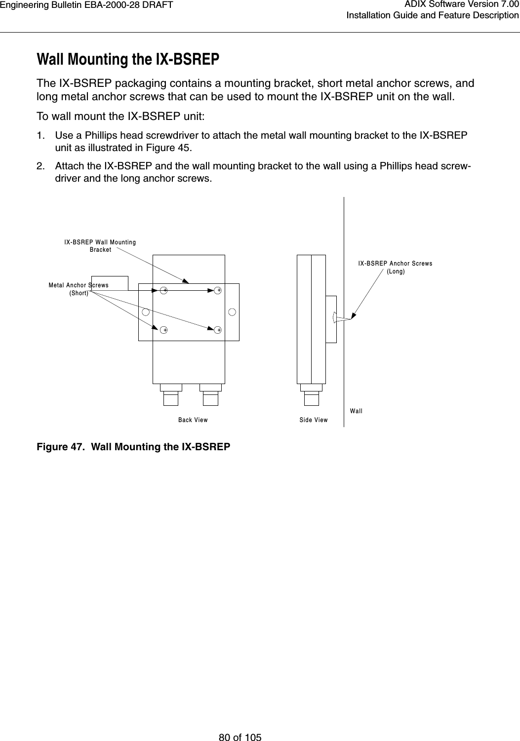 Engineering Bulletin EBA-2000-28 DRAFT80 of 105ADIX Software Version 7.00Installation Guide and Feature DescriptionWall Mounting the IX-BSREPThe IX-BSREP packaging contains a mounting bracket, short metal anchor screws, and long metal anchor screws that can be used to mount the IX-BSREP unit on the wall.To wall mount the IX-BSREP unit: 1. Use a Phillips head screwdriver to attach the metal wall mounting bracket to the IX-BSREP unit as illustrated in Figure 45.2. Attach the IX-BSREP and the wall mounting bracket to the wall using a Phillips head screw-driver and the long anchor screws.Figure 47.  Wall Mounting the IX-BSREP++++IX-BSREP Wall MountingBracketMetal Anchor Screws(Short)Back View Side ViewWallIX-BSREP Anchor Screws(Long)