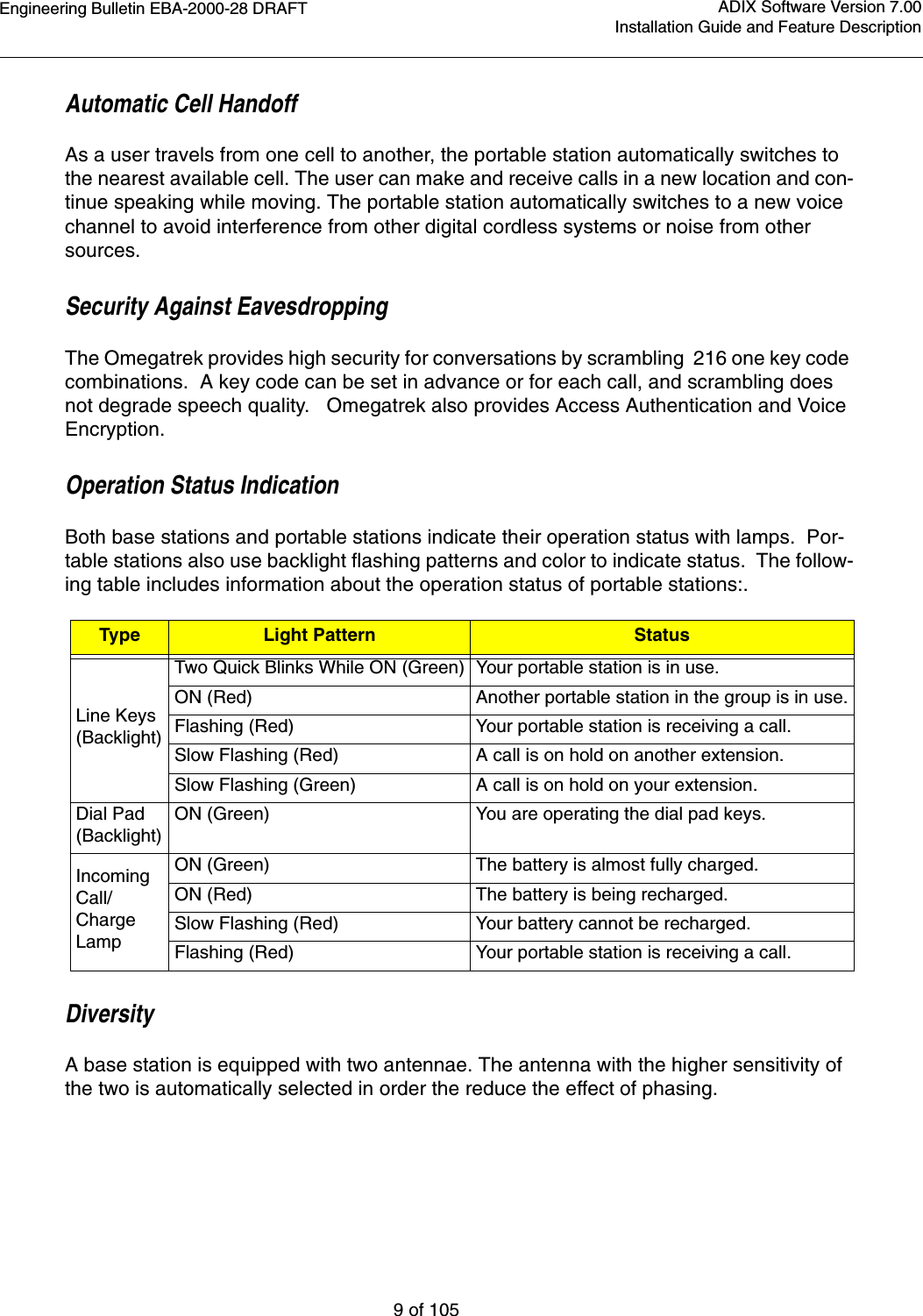 Engineering Bulletin EBA-2000-28 DRAFT9 of 105ADIX Software Version 7.00Installation Guide and Feature DescriptionAutomatic Cell HandoffAs a user travels from one cell to another, the portable station automatically switches to the nearest available cell. The user can make and receive calls in a new location and con-tinue speaking while moving. The portable station automatically switches to a new voice channel to avoid interference from other digital cordless systems or noise from other sources.Security Against EavesdroppingThe Omegatrek provides high security for conversations by scrambling  216 one key code combinations.  A key code can be set in advance or for each call, and scrambling does not degrade speech quality.   Omegatrek also provides Access Authentication and Voice Encryption.Operation Status IndicationBoth base stations and portable stations indicate their operation status with lamps.  Por-table stations also use backlight flashing patterns and color to indicate status.  The follow-ing table includes information about the operation status of portable stations:.DiversityA base station is equipped with two antennae. The antenna with the higher sensitivity of the two is automatically selected in order the reduce the effect of phasing.Type Light Pattern StatusLine Keys(Backlight)Two Quick Blinks While ON (Green) Your portable station is in use.ON (Red) Another portable station in the group is in use.Flashing (Red) Your portable station is receiving a call.Slow Flashing (Red) A call is on hold on another extension.Slow Flashing (Green) A call is on hold on your extension.Dial Pad(Backlight)ON (Green) You are operating the dial pad keys.Incoming Call/Charge LampON (Green) The battery is almost fully charged.ON (Red) The battery is being recharged.Slow Flashing (Red) Your battery cannot be recharged.Flashing (Red) Your portable station is receiving a call.