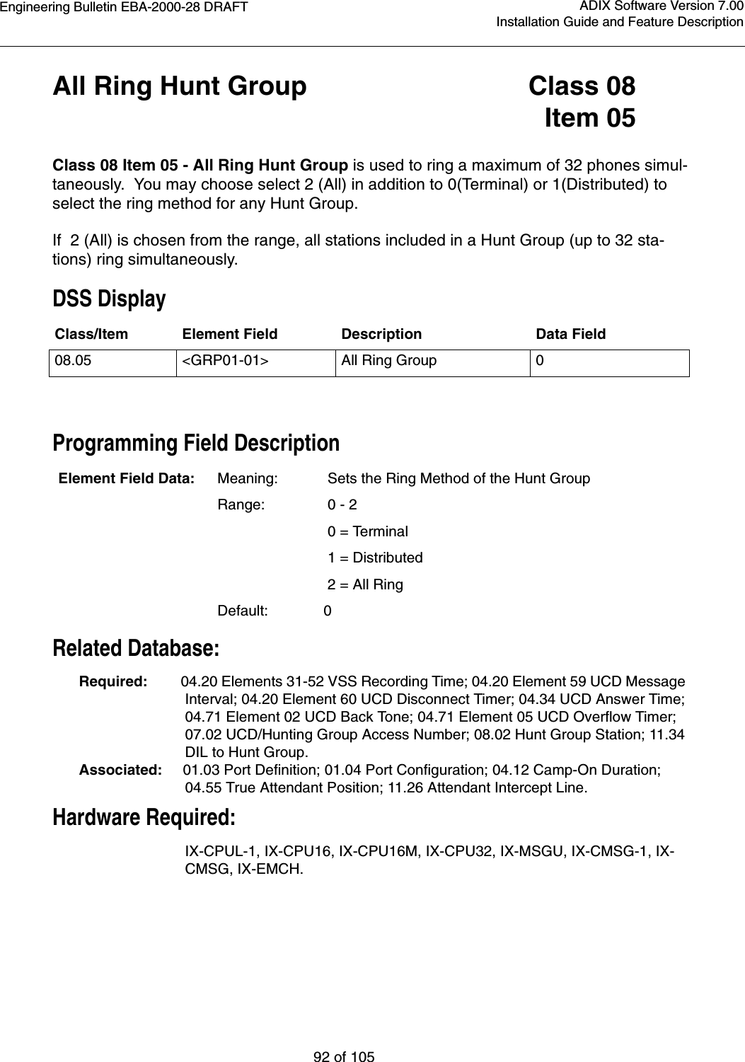 Engineering Bulletin EBA-2000-28 DRAFT92 of 105ADIX Software Version 7.00Installation Guide and Feature DescriptionAll Ring Hunt Group Class 08Item 05Class 08 Item 05 - All Ring Hunt Group is used to ring a maximum of 32 phones simul-taneously.  You may choose select 2 (All) in addition to 0(Terminal) or 1(Distributed) to select the ring method for any Hunt Group.If  2 (All) is chosen from the range, all stations included in a Hunt Group (up to 32 sta-tions) ring simultaneously.DSS DisplayProgramming Field DescriptionRelated Database:Required:         04.20 Elements 31-52 VSS Recording Time; 04.20 Element 59 UCD Message Interval; 04.20 Element 60 UCD Disconnect Timer; 04.34 UCD Answer Time; 04.71 Element 02 UCD Back Tone; 04.71 Element 05 UCD Overflow Timer; 07.02 UCD/Hunting Group Access Number; 08.02 Hunt Group Station; 11.34 DIL to Hunt Group.Associated:     01.03 Port Definition; 01.04 Port Configuration; 04.12 Camp-On Duration; 04.55 True Attendant Position; 11.26 Attendant Intercept Line.Hardware Required:IX-CPUL-1, IX-CPU16, IX-CPU16M, IX-CPU32, IX-MSGU, IX-CMSG-1, IX-CMSG, IX-EMCH.Class/Item Element Field Description Data Field08.05 &lt;GRP01-01&gt; All Ring Group 0Element Field Data: Meaning:  Sets the Ring Method of the Hunt GroupRange:  0 - 2      0 = Terminal 1 = Distributed 2 = All RingDefault: 0